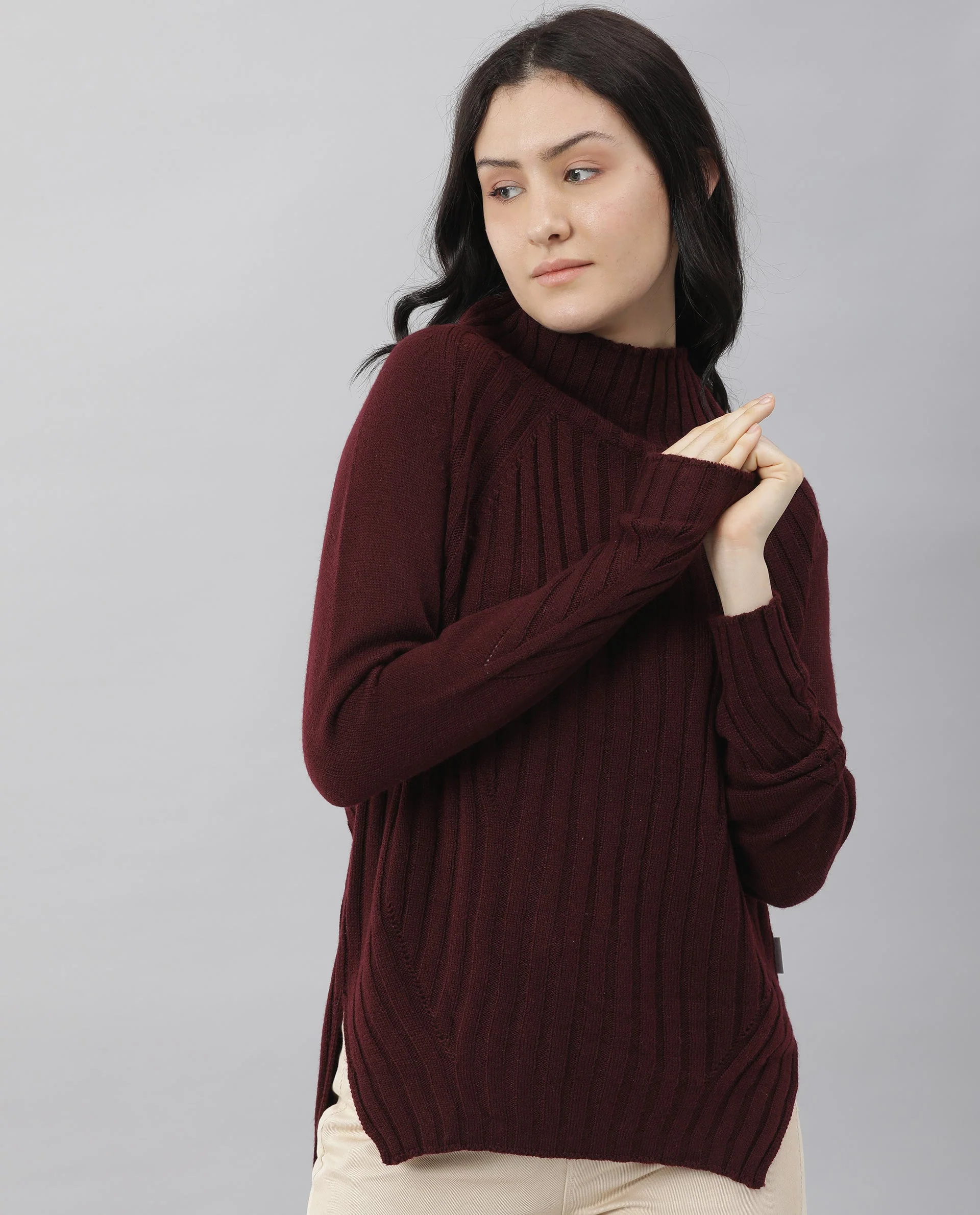 Rareism Women's Halo Maroon Acrylic High Neck Plain Regular Fit Sweater - Image 4