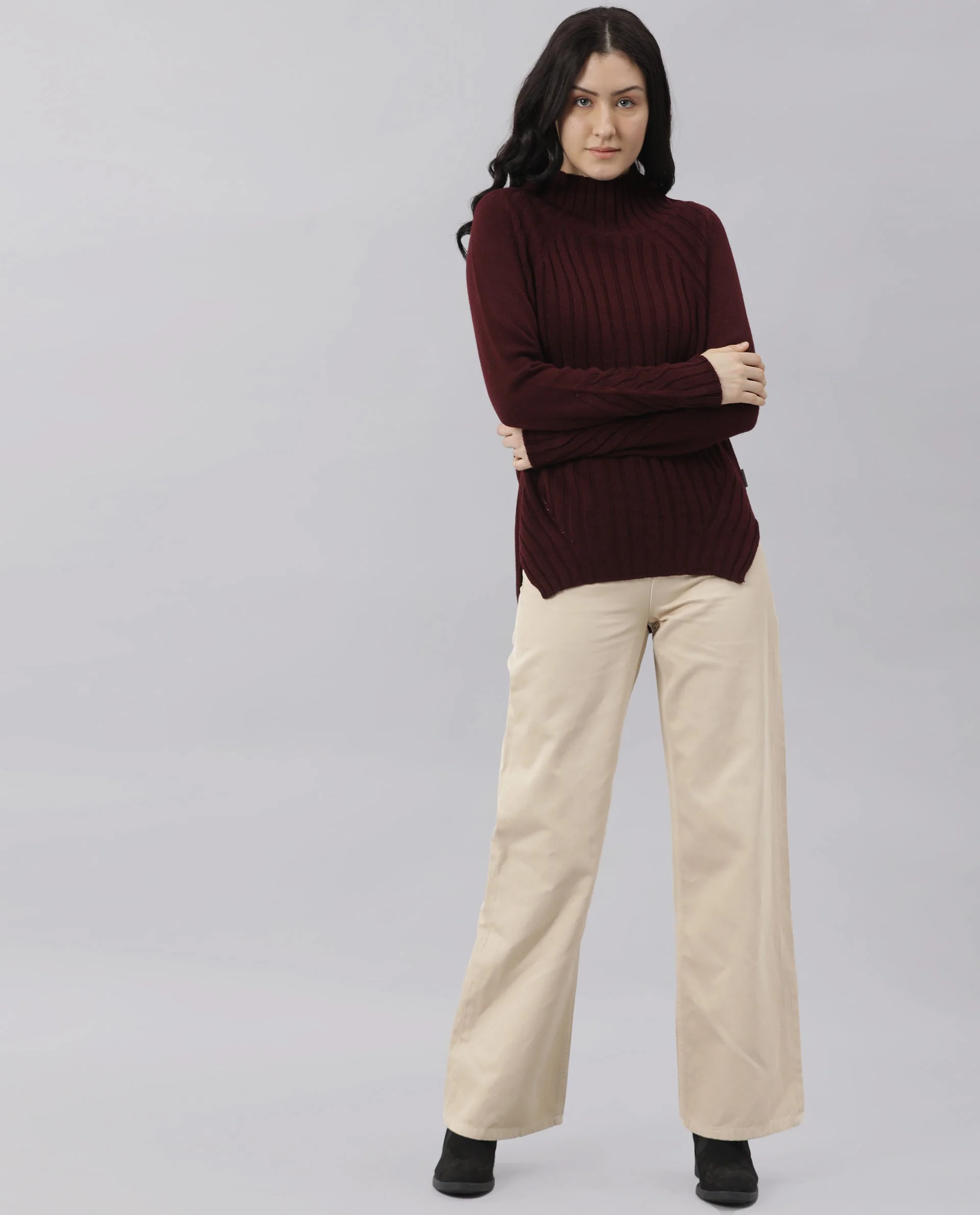 Rareism Women's Halo Maroon Acrylic High Neck Plain Regular Fit Sweater - Image 5