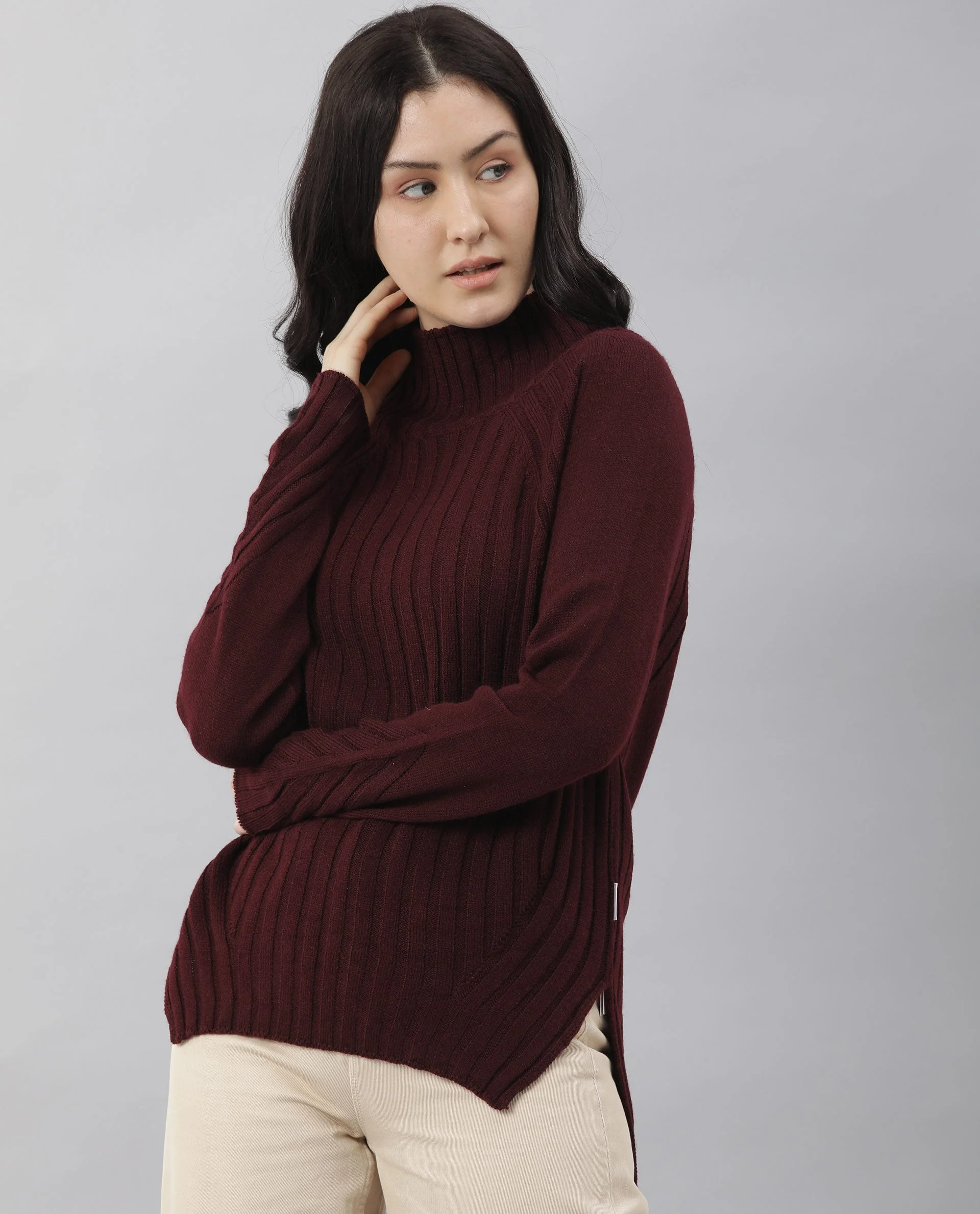 Rareism Women's Halo Maroon Acrylic High Neck Plain Regular Fit Sweater - Image 6