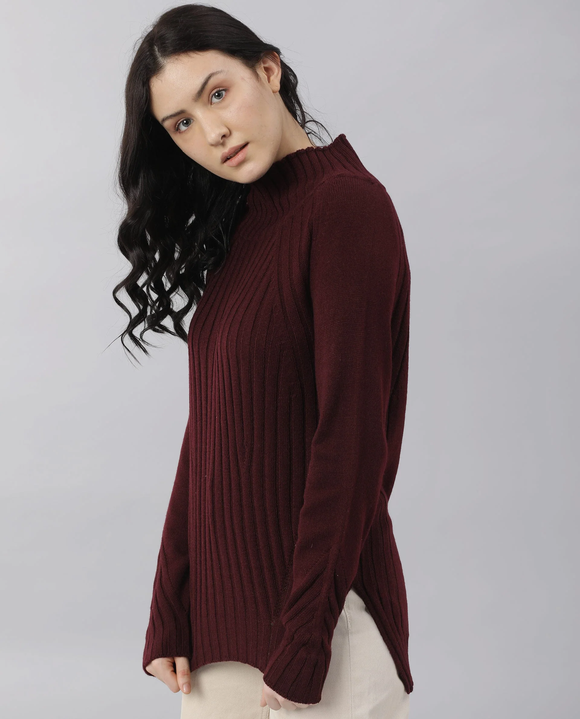 Rareism Women's Halo Maroon Acrylic High Neck Plain Regular Fit Sweater - Image 7
