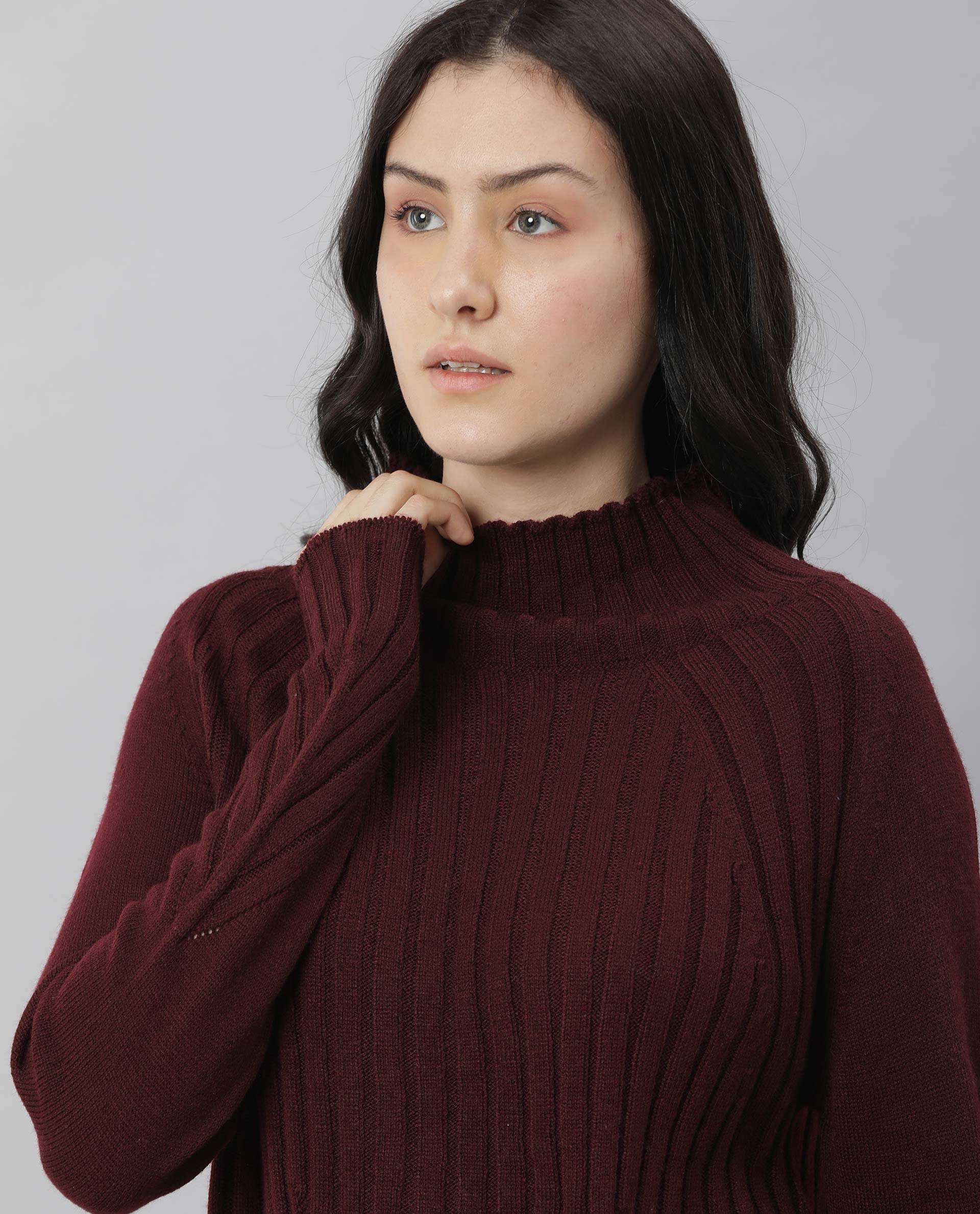 Rareism Women's Halo Maroon Acrylic High Neck Plain Regular Fit Sweater - Image 8