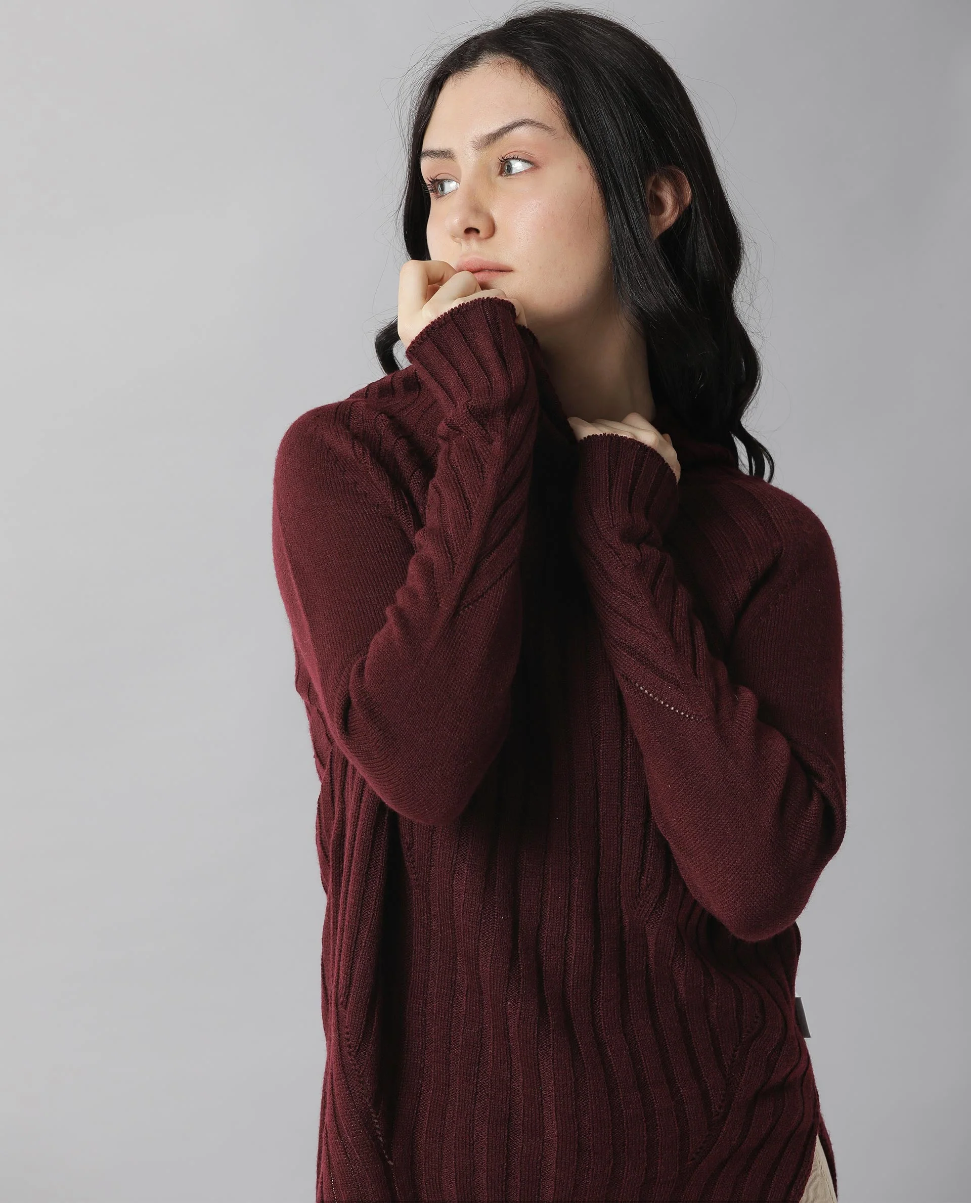 Rareism Women's Halo Maroon Acrylic High Neck Plain Regular Fit Sweater - Image 9