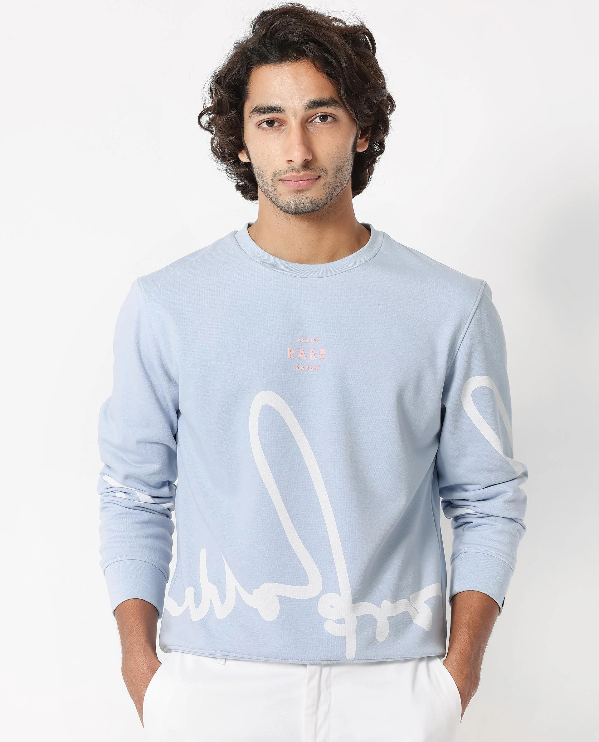Rare Rabbit Men's Halsey Light Blue Cotton Graphic Print Relaxed Fit Full Sleeve Crew Neck Sweatshirt - Image 2