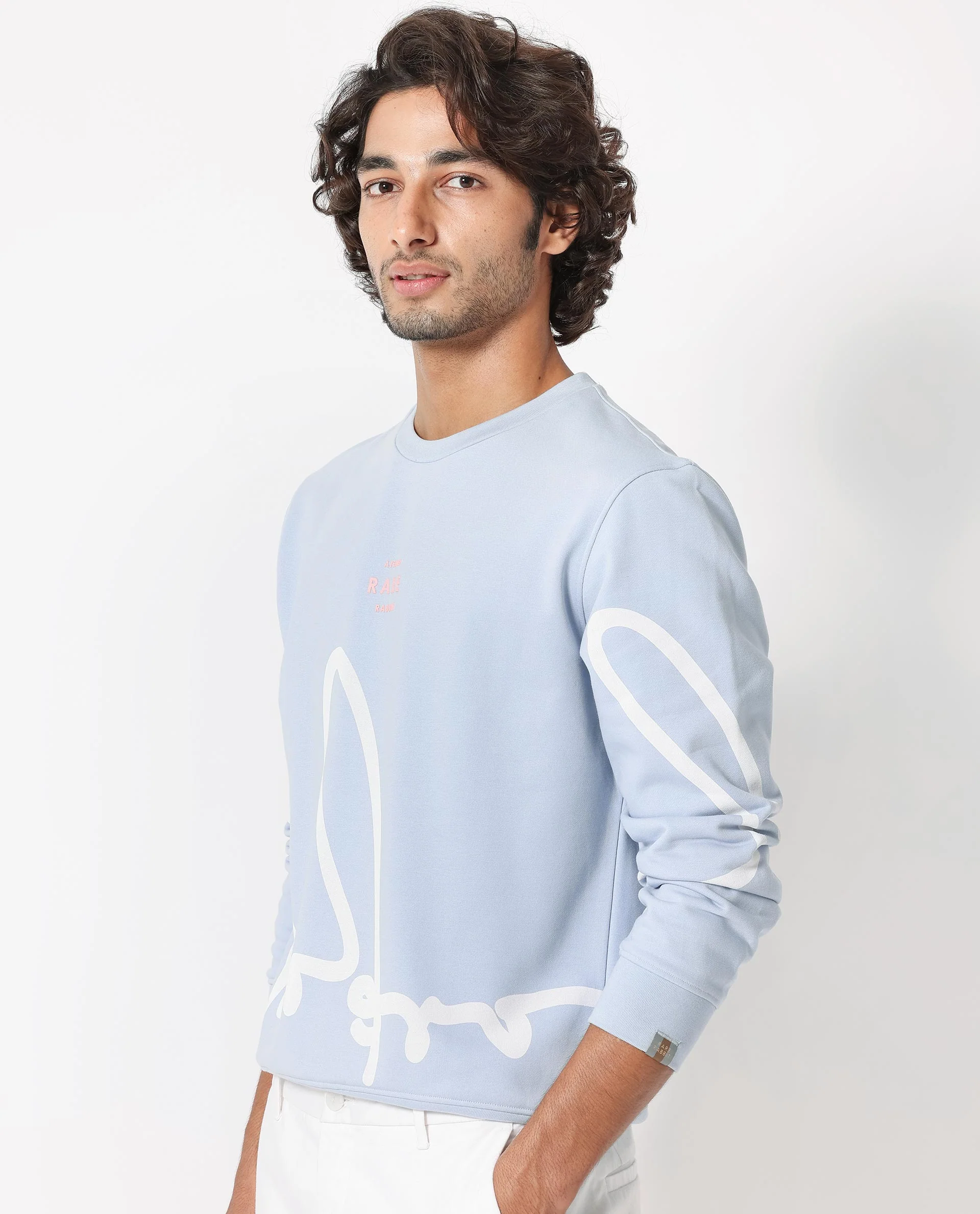 Rare Rabbit Men's Halsey Light Blue Cotton Graphic Print Relaxed Fit Full Sleeve Crew Neck Sweatshirt - Image 3