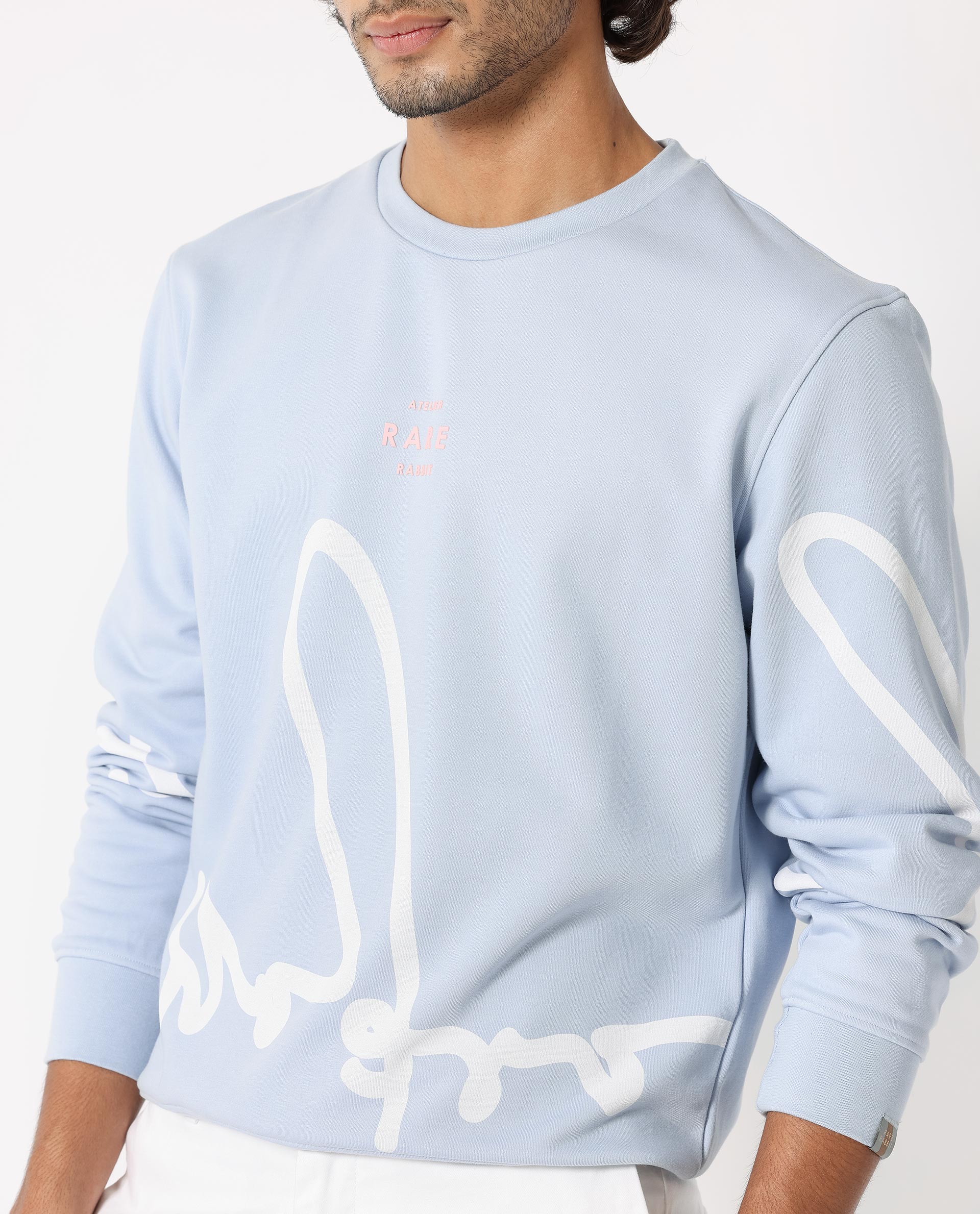 Rare Rabbit Men's Halsey Light Blue Cotton Graphic Print Relaxed Fit Full Sleeve Crew Neck Sweatshirt - Image 4