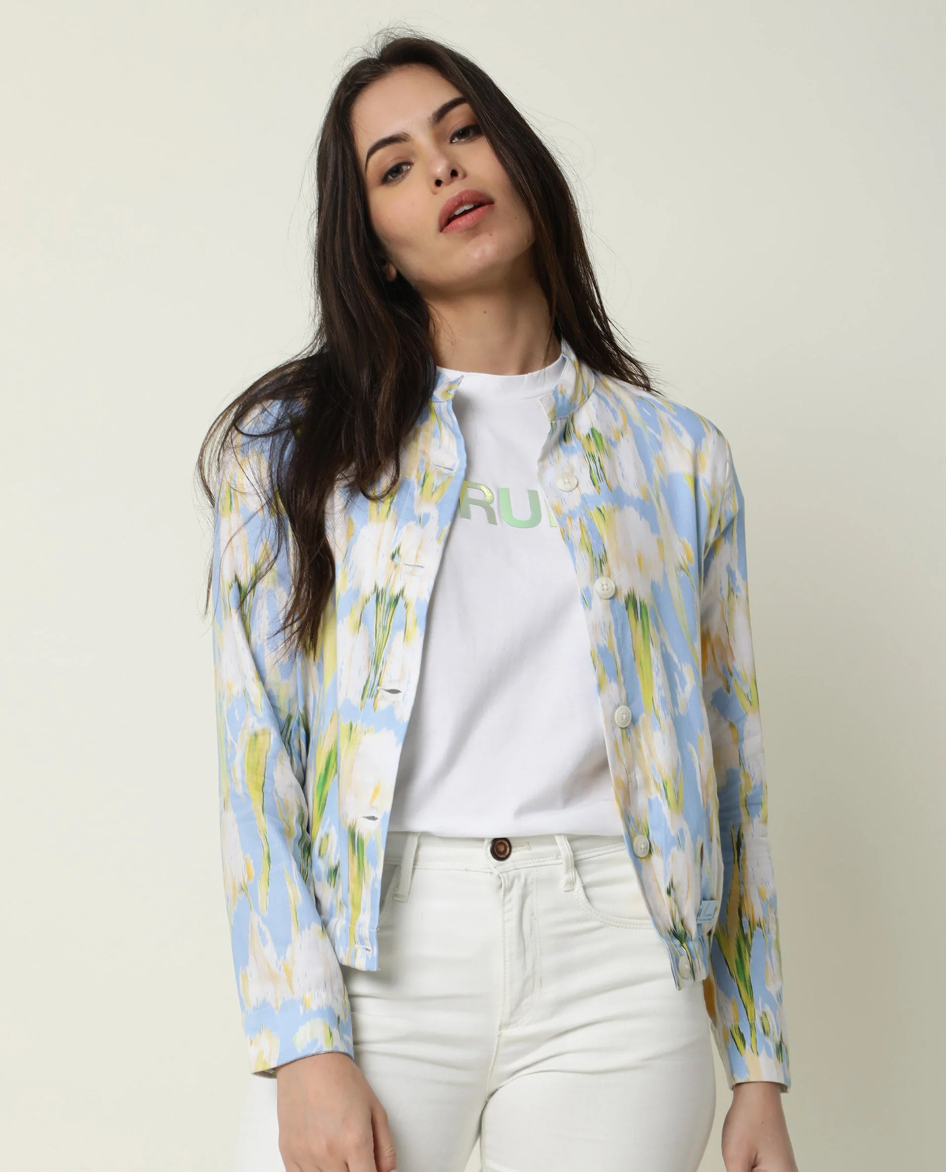 Rareism Women's Halt Green Cotton High Neck Abstract Print Regular Fit Jacket - Image 4
