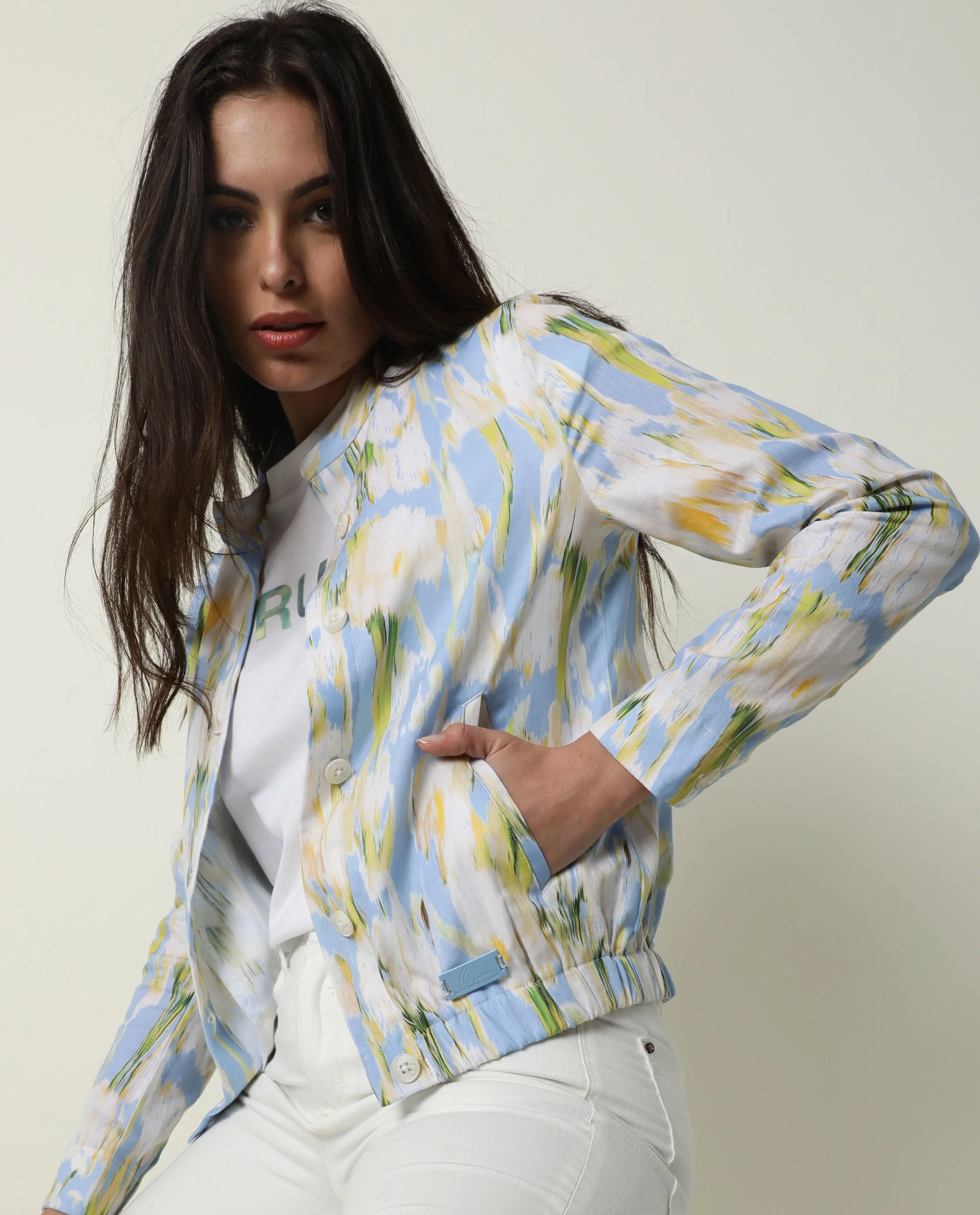 Rareism Women's Halt Green Cotton High Neck Abstract Print Regular Fit Jacket - Image 5