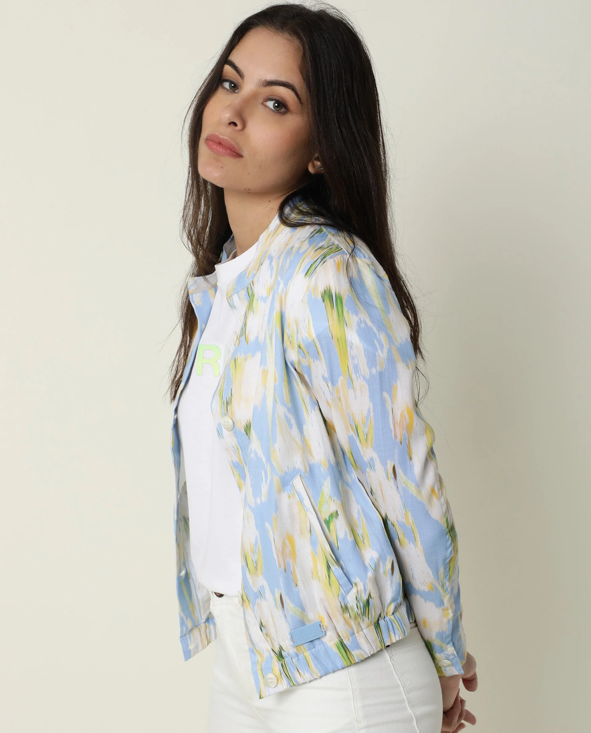 Rareism Women's Halt Green Cotton High Neck Abstract Print Regular Fit Jacket - Image 6