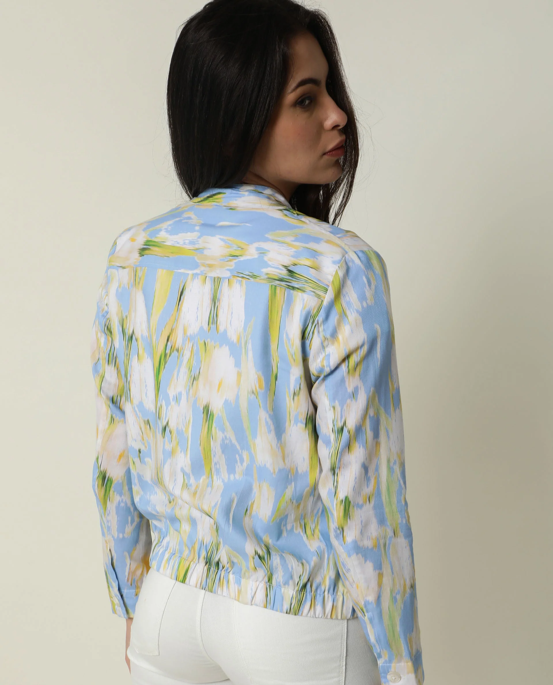 Rareism Women's Halt Green Cotton High Neck Abstract Print Regular Fit Jacket - Image 7