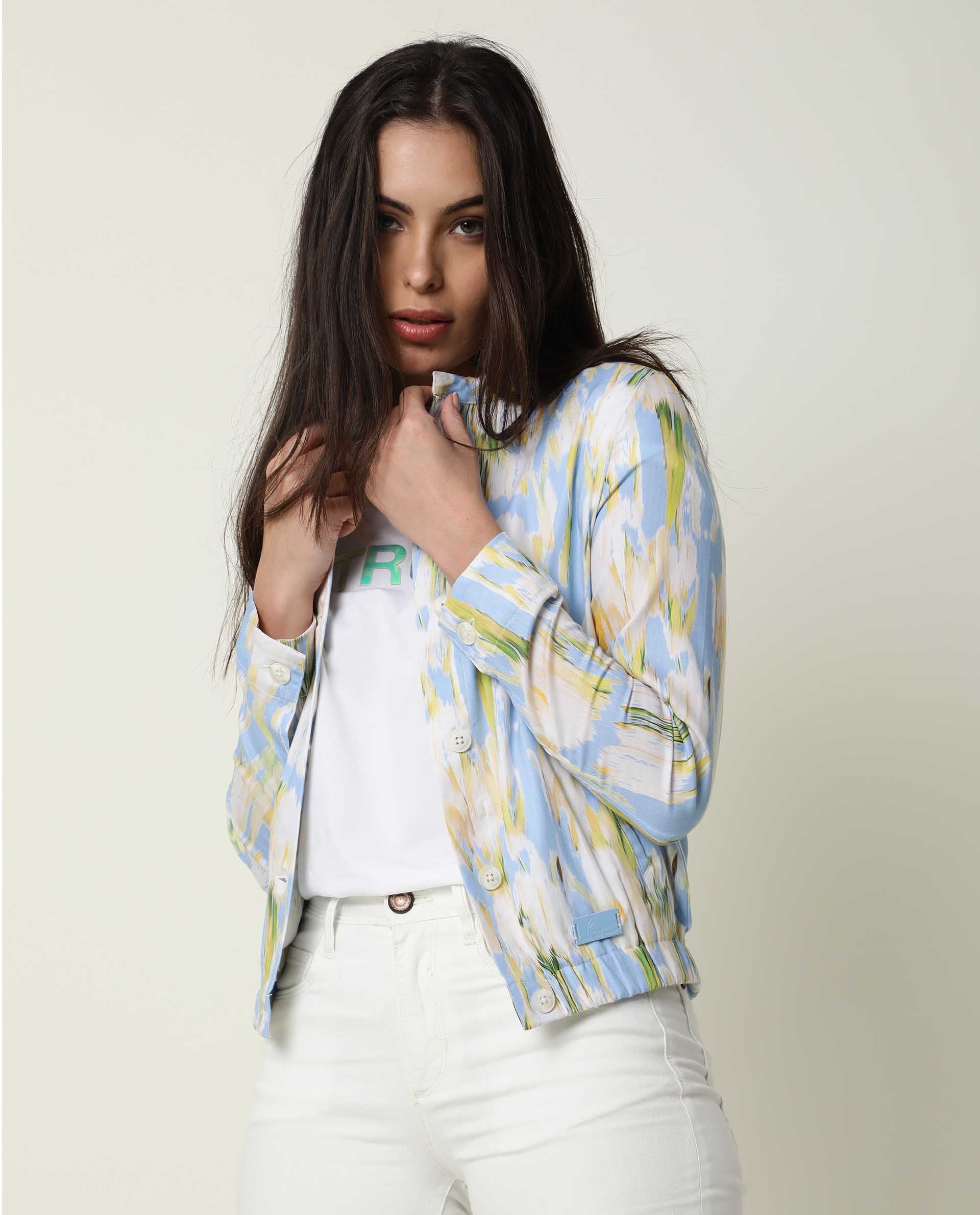 Rareism Women's Halt Green Cotton High Neck Abstract Print Regular Fit Jacket - Image 8