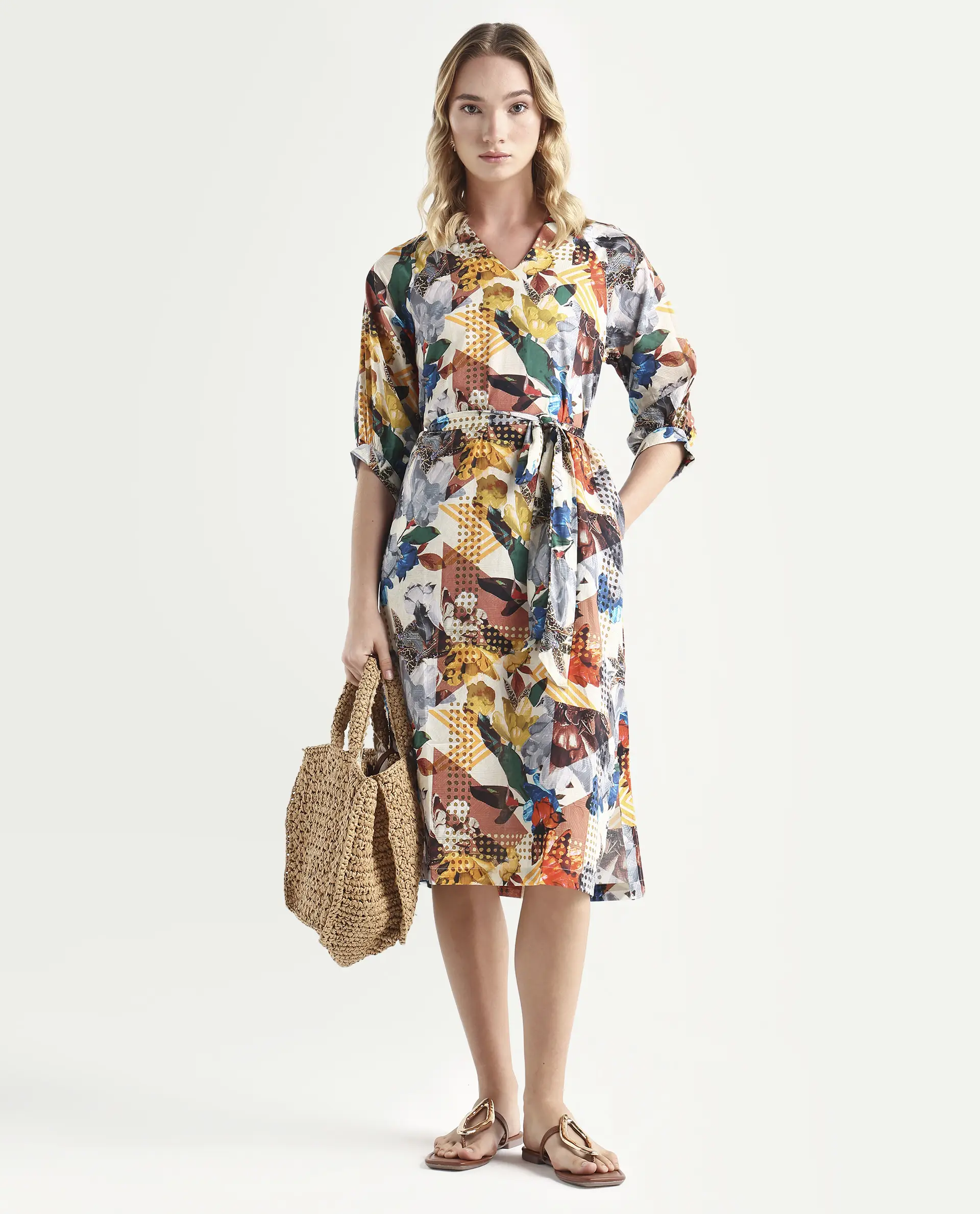 Rareism Women's Hamilton Multi Cotton V-Neck Abstract Print Balloon Sleeve Knee Length Regular Fit Dress - Image 2