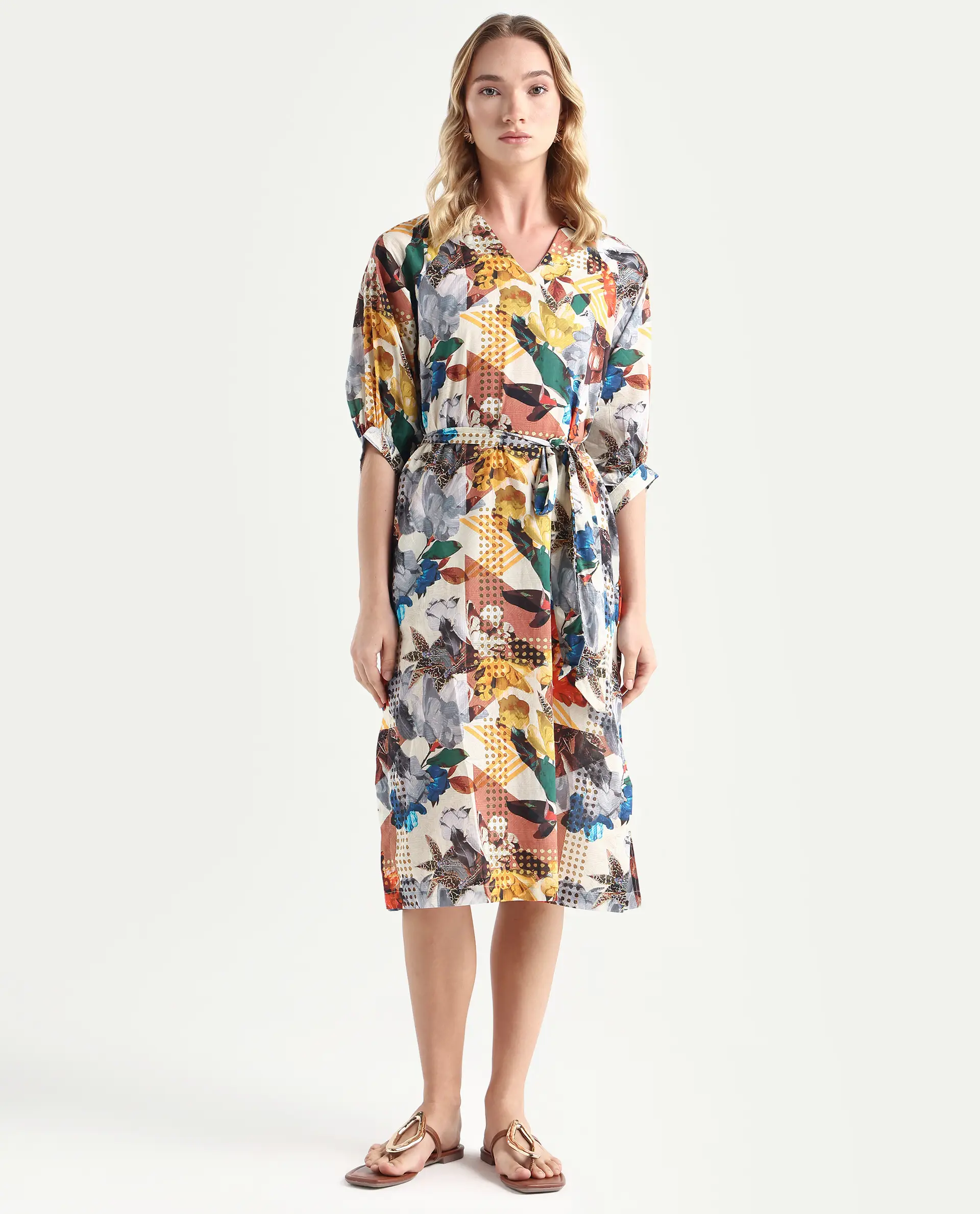 Rareism Women's Hamilton Multi Cotton V-Neck Abstract Print Balloon Sleeve Knee Length Regular Fit Dress - Image 3