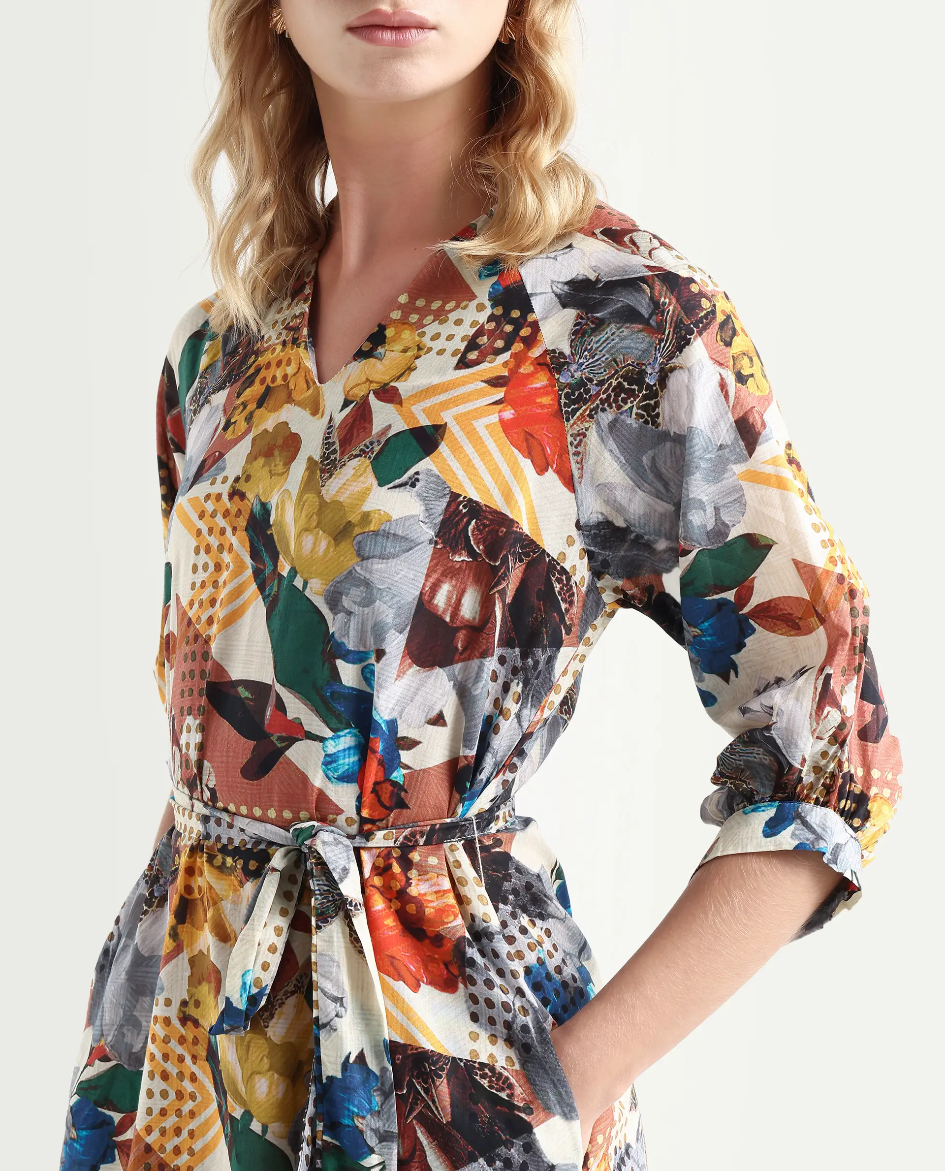 Rareism Women's Hamilton Multi Cotton V-Neck Abstract Print Balloon Sleeve Knee Length Regular Fit Dress - Image 4