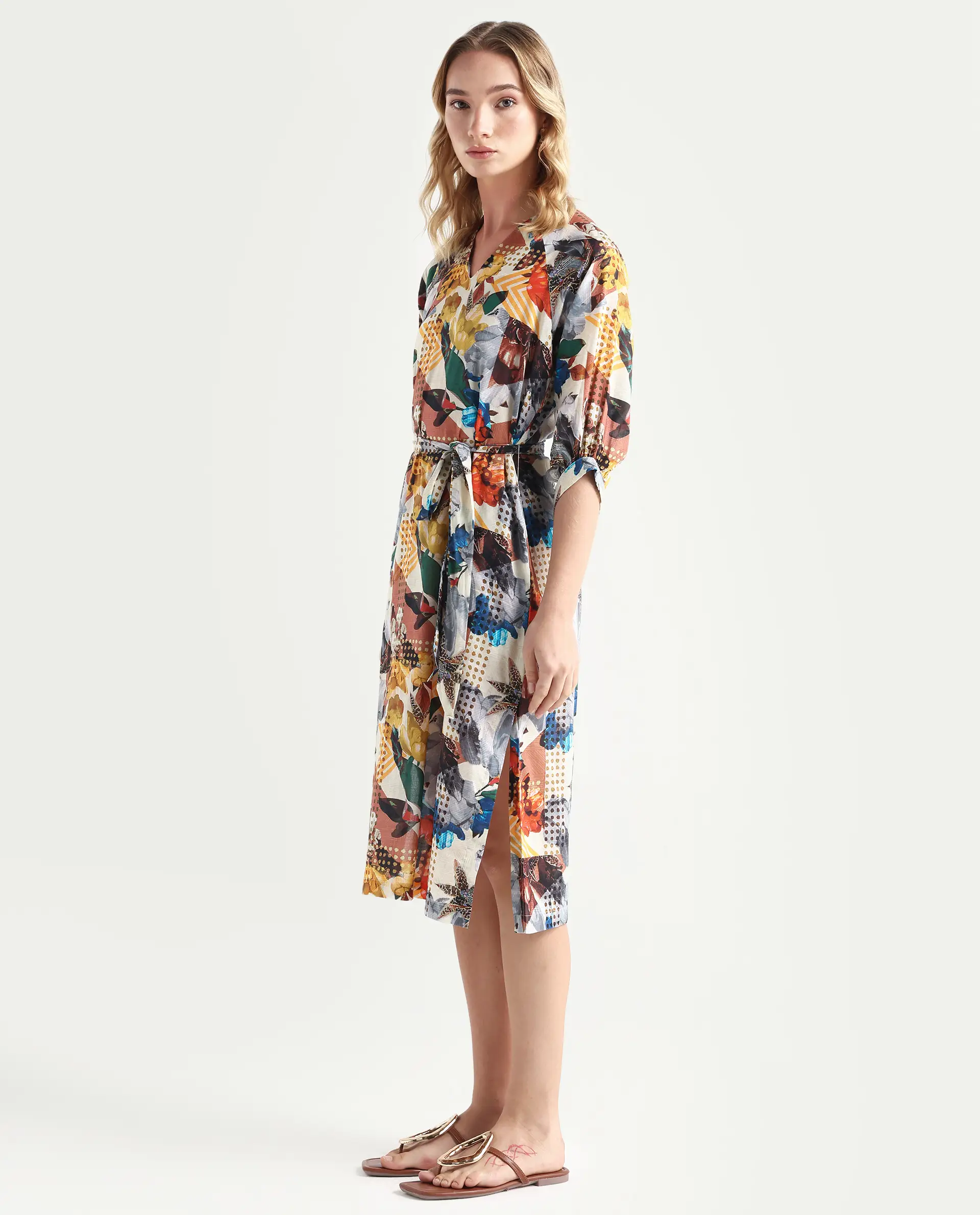 Rareism Women's Hamilton Multi Cotton V-Neck Abstract Print Balloon Sleeve Knee Length Regular Fit Dress - Image 5