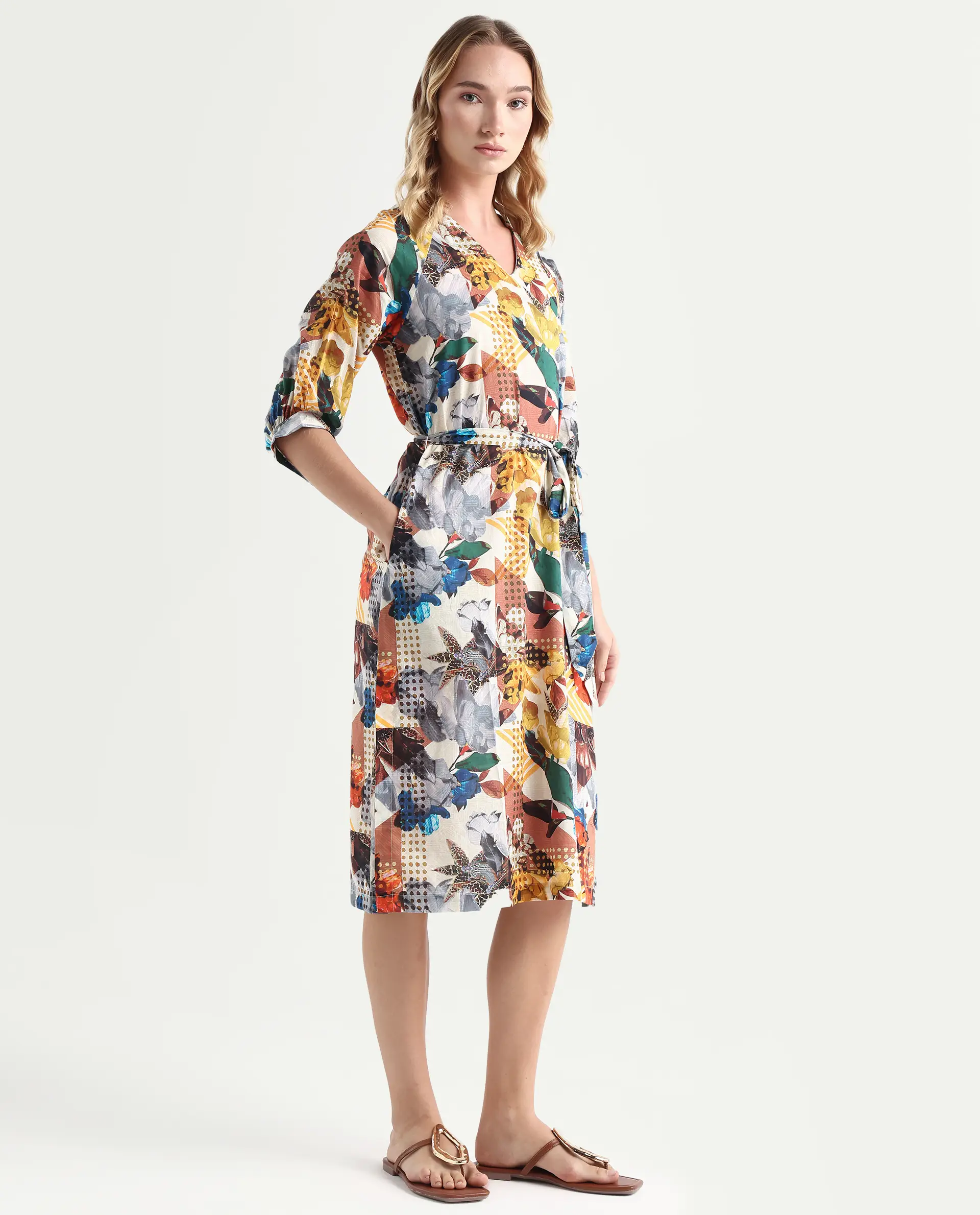 Rareism Women's Hamilton Multi Cotton V-Neck Abstract Print Balloon Sleeve Knee Length Regular Fit Dress - Image 6