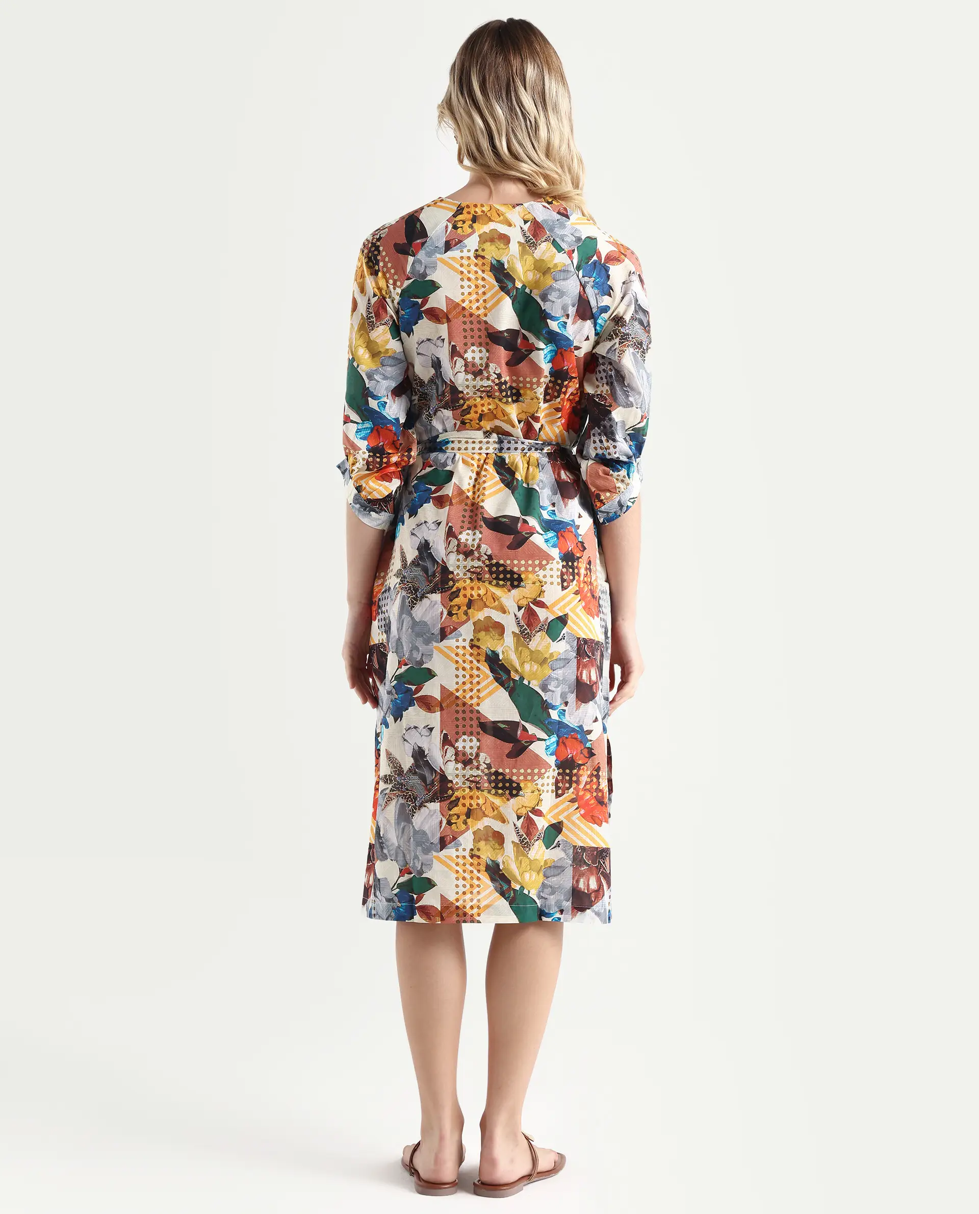 Rareism Women's Hamilton Multi Cotton V-Neck Abstract Print Balloon Sleeve Knee Length Regular Fit Dress - Image 7