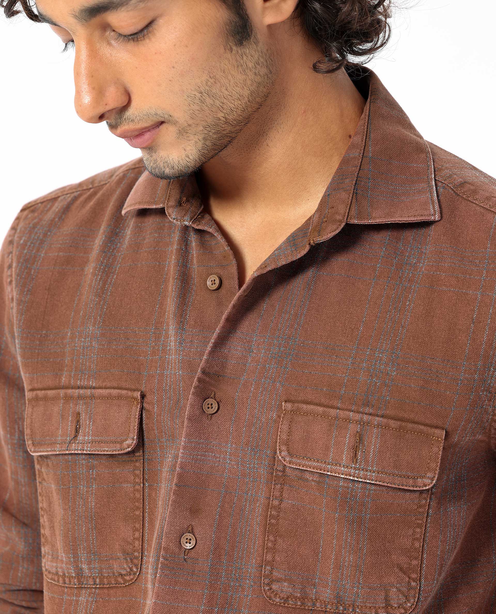 Rare Rabbit Men's Hammel Rust Cotton Checked Print Regular Fit Full Sleeve Collared Shirt - Image 3