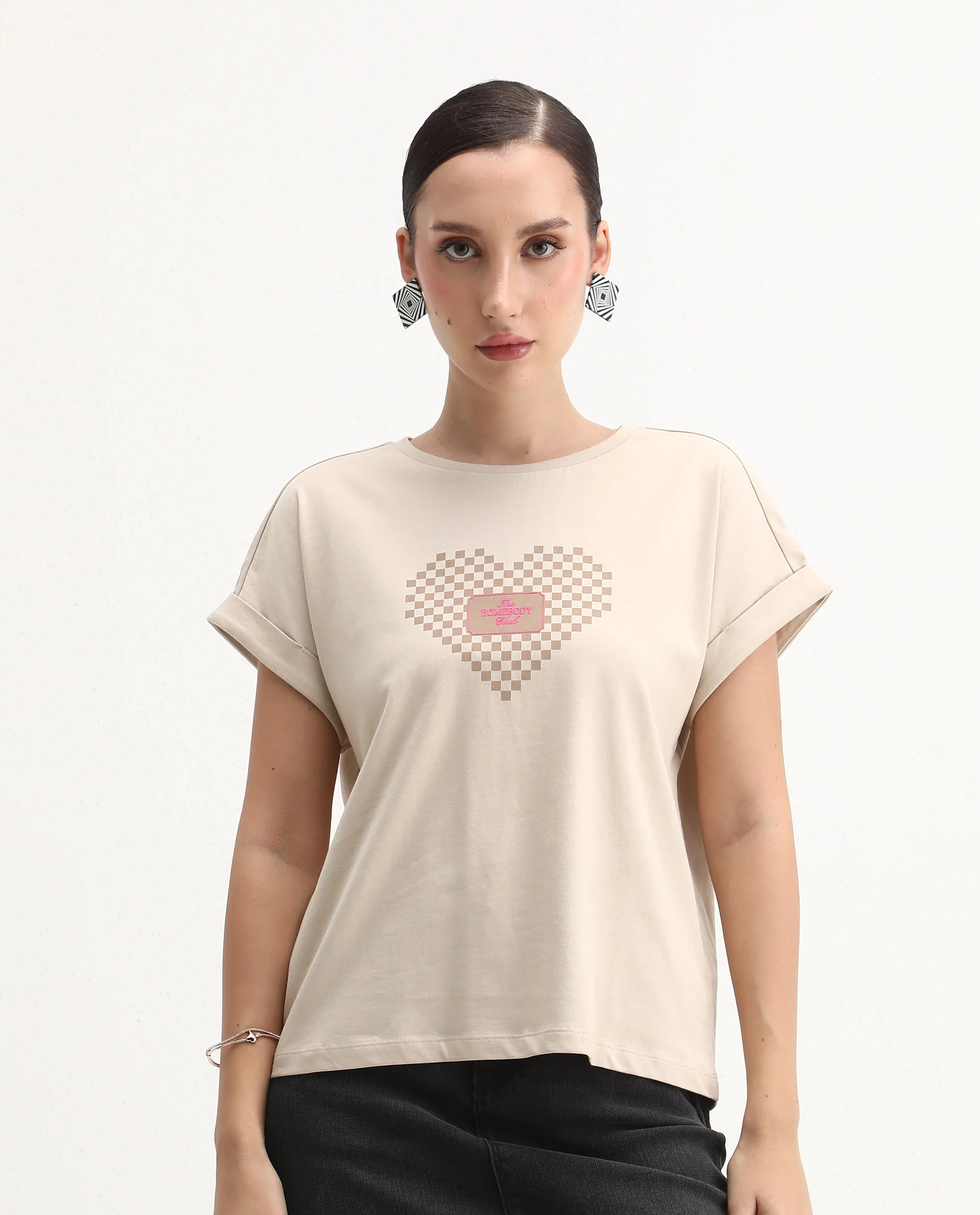 Rareism Women's Hamo Beige Cotton Crew Neck Relaxed Fit T-Shirt - Image 3