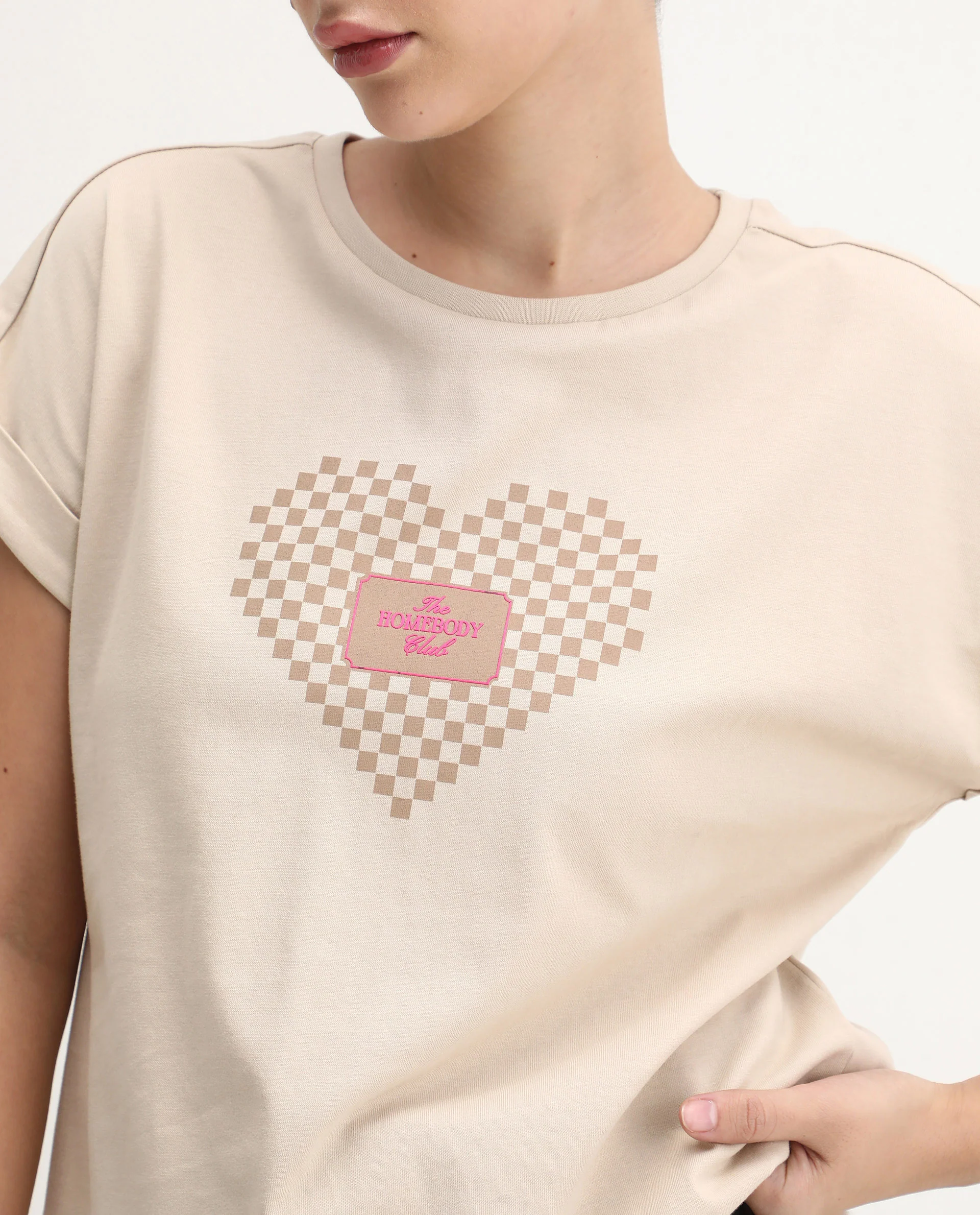 Rareism Women's Hamo Beige Cotton Crew Neck Relaxed Fit T-Shirt - Image 4