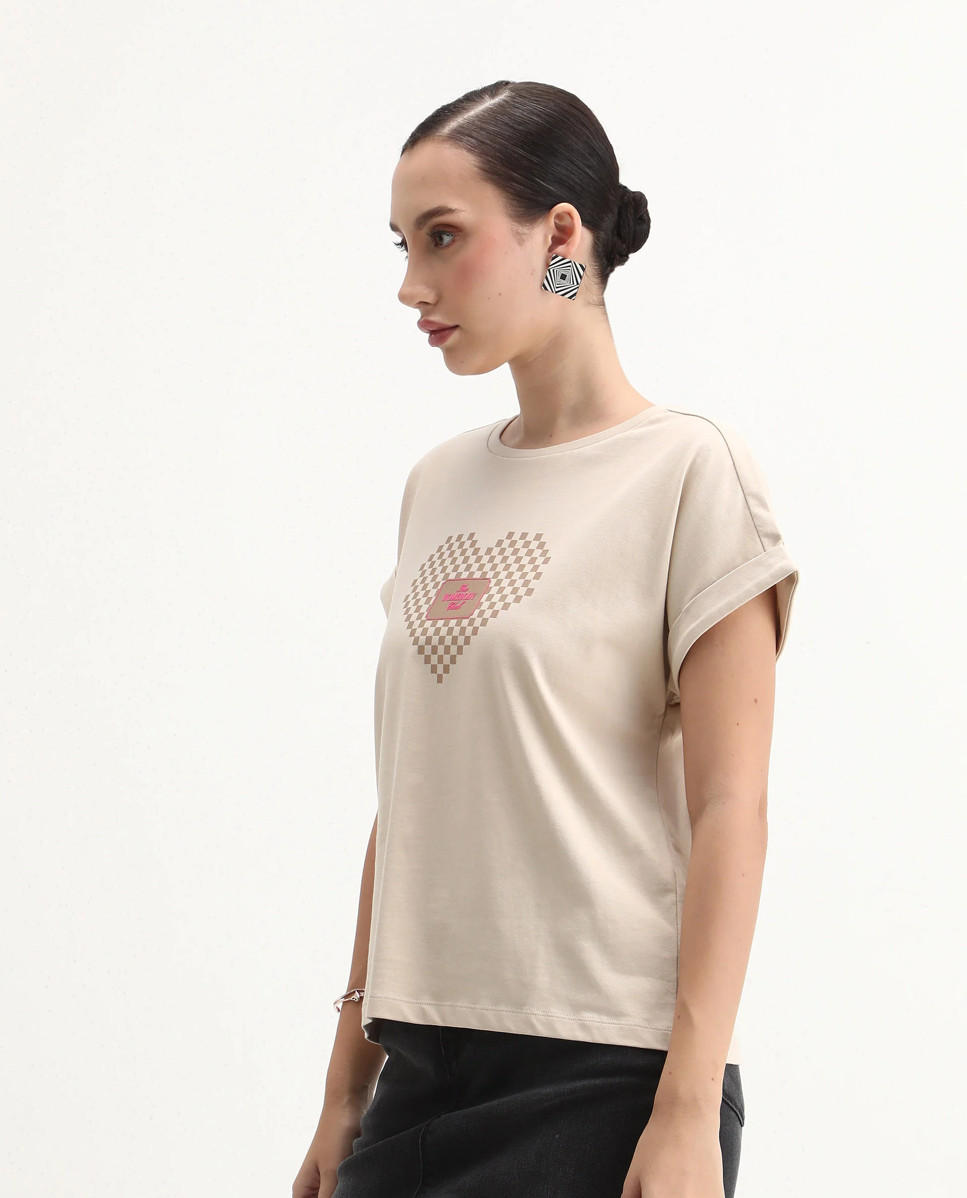 Rareism Women's Hamo Beige Cotton Crew Neck Relaxed Fit T-Shirt - Image 5