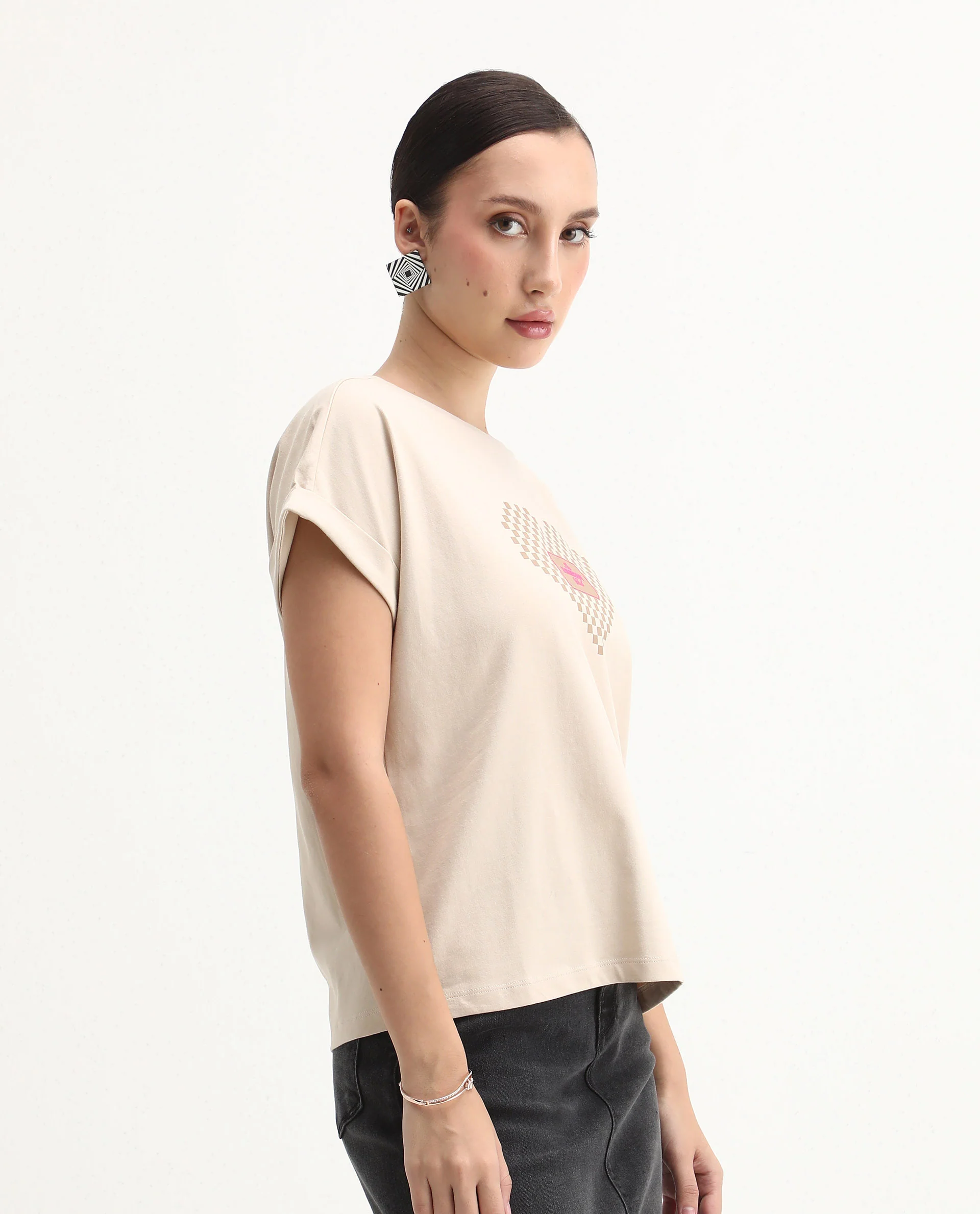 Rareism Women's Hamo Beige Cotton Crew Neck Relaxed Fit T-Shirt - Image 6
