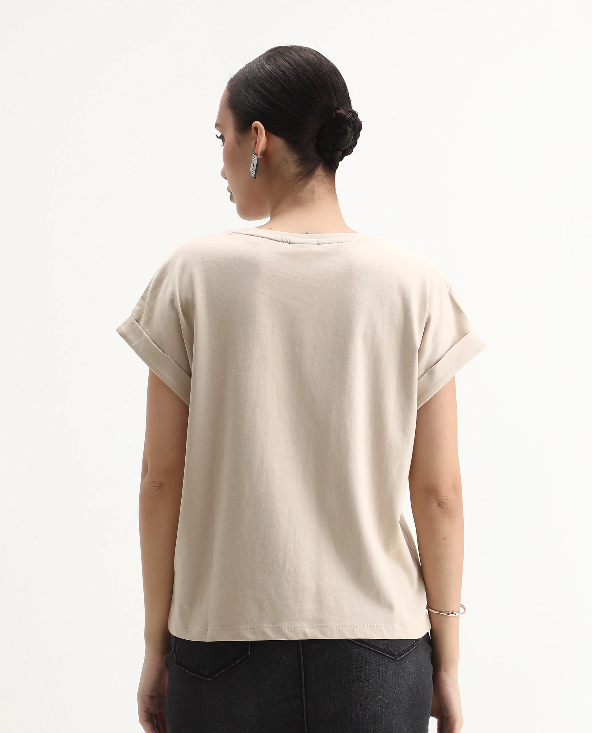 Rareism Women's Hamo Beige Cotton Crew Neck Relaxed Fit T-Shirt - Image 7