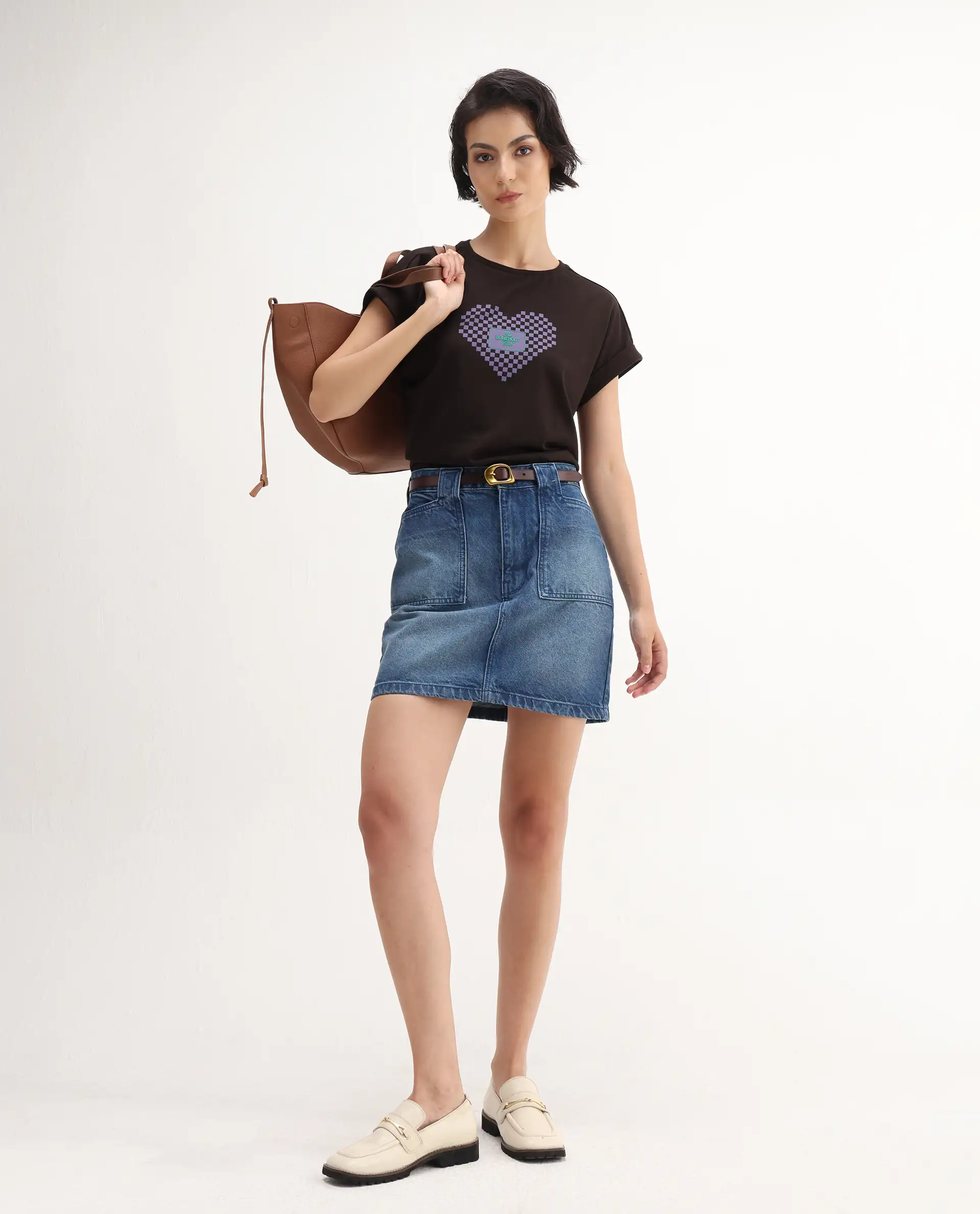 Rareism Women's Hamo Dark Brown Cotton Crew Neck Relaxed Fit T-Shirt - Image 2