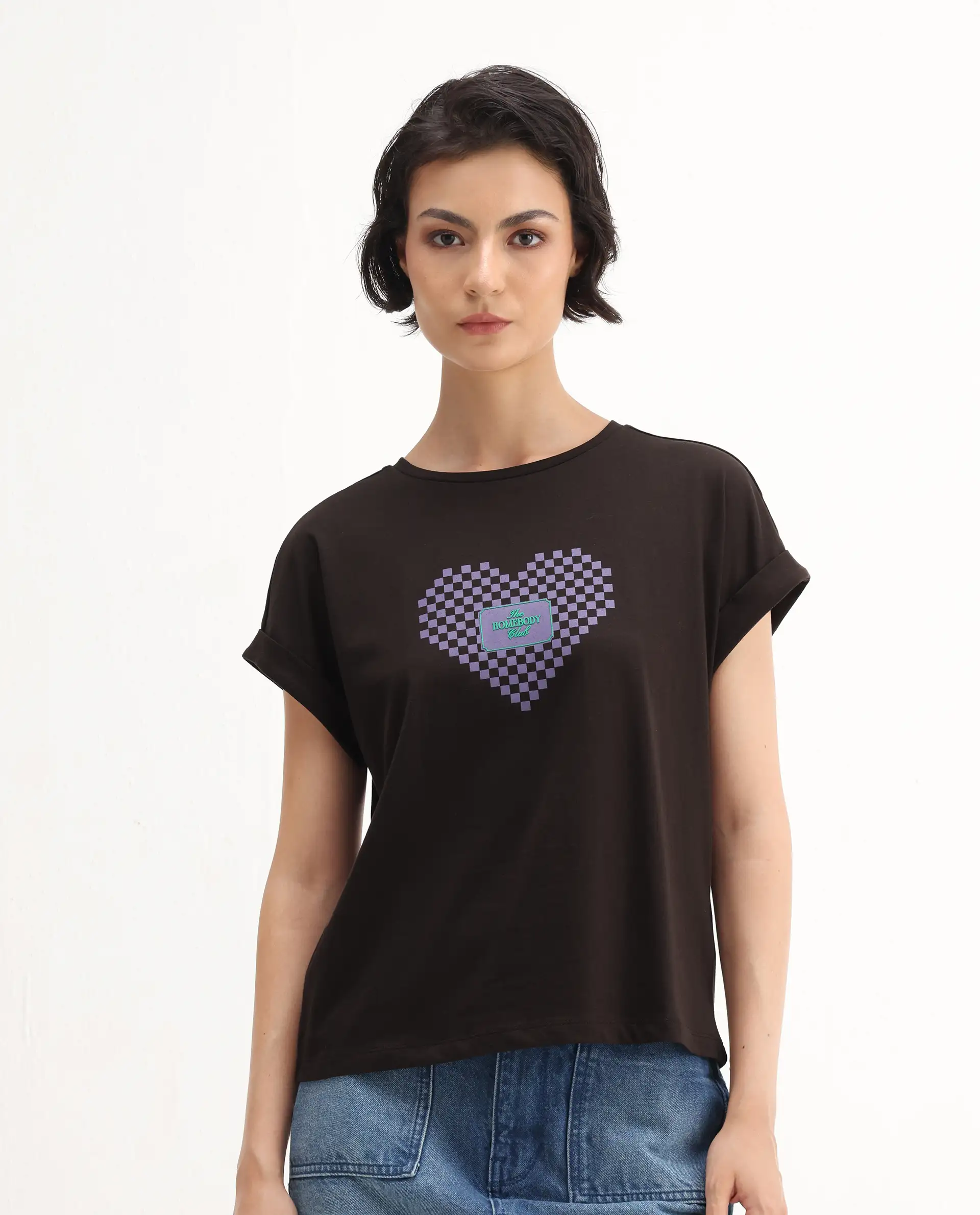 Rareism Women's Hamo Dark Brown Cotton Crew Neck Relaxed Fit T-Shirt - Image 3