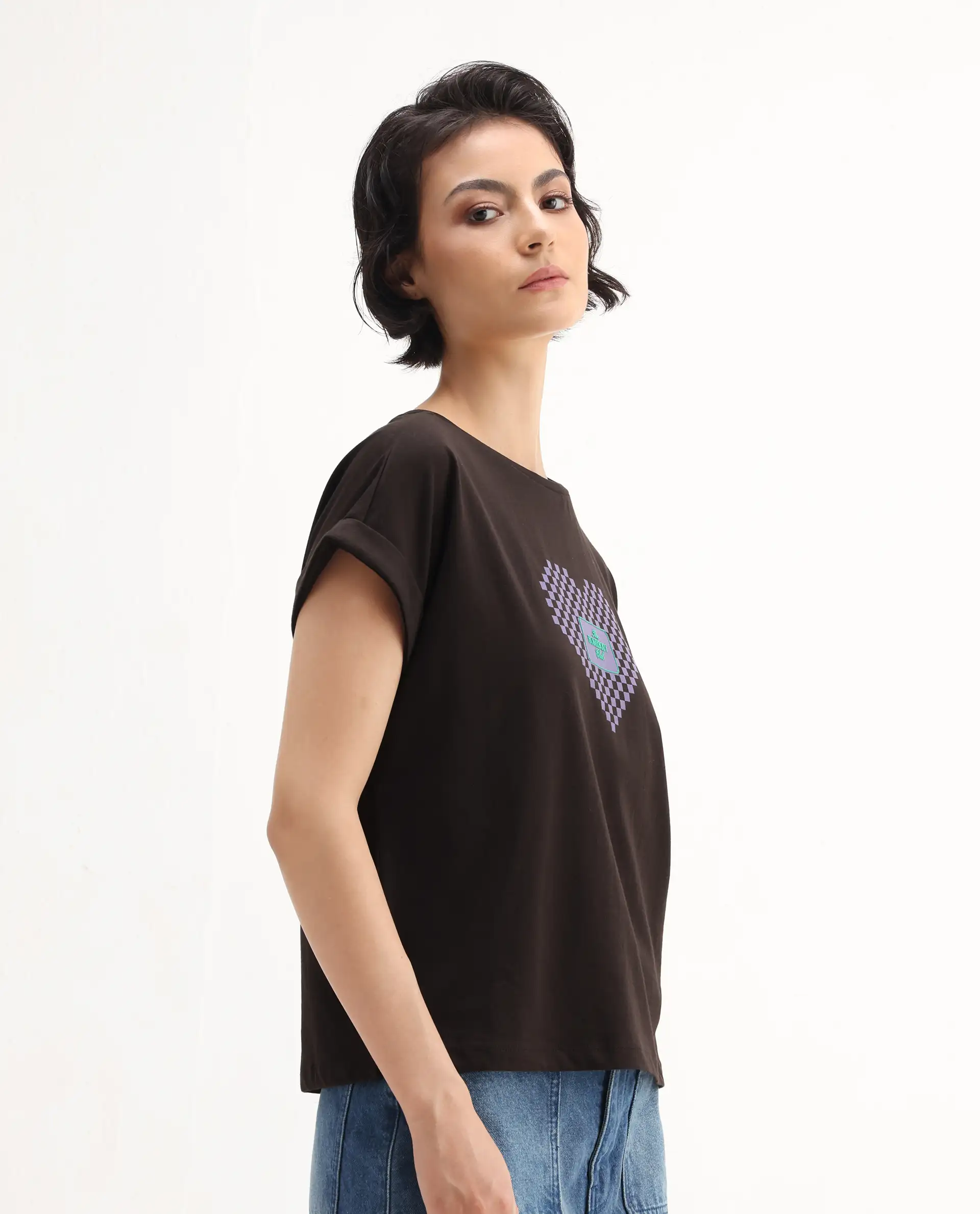 Rareism Women's Hamo Dark Brown Cotton Crew Neck Relaxed Fit T-Shirt - Image 5