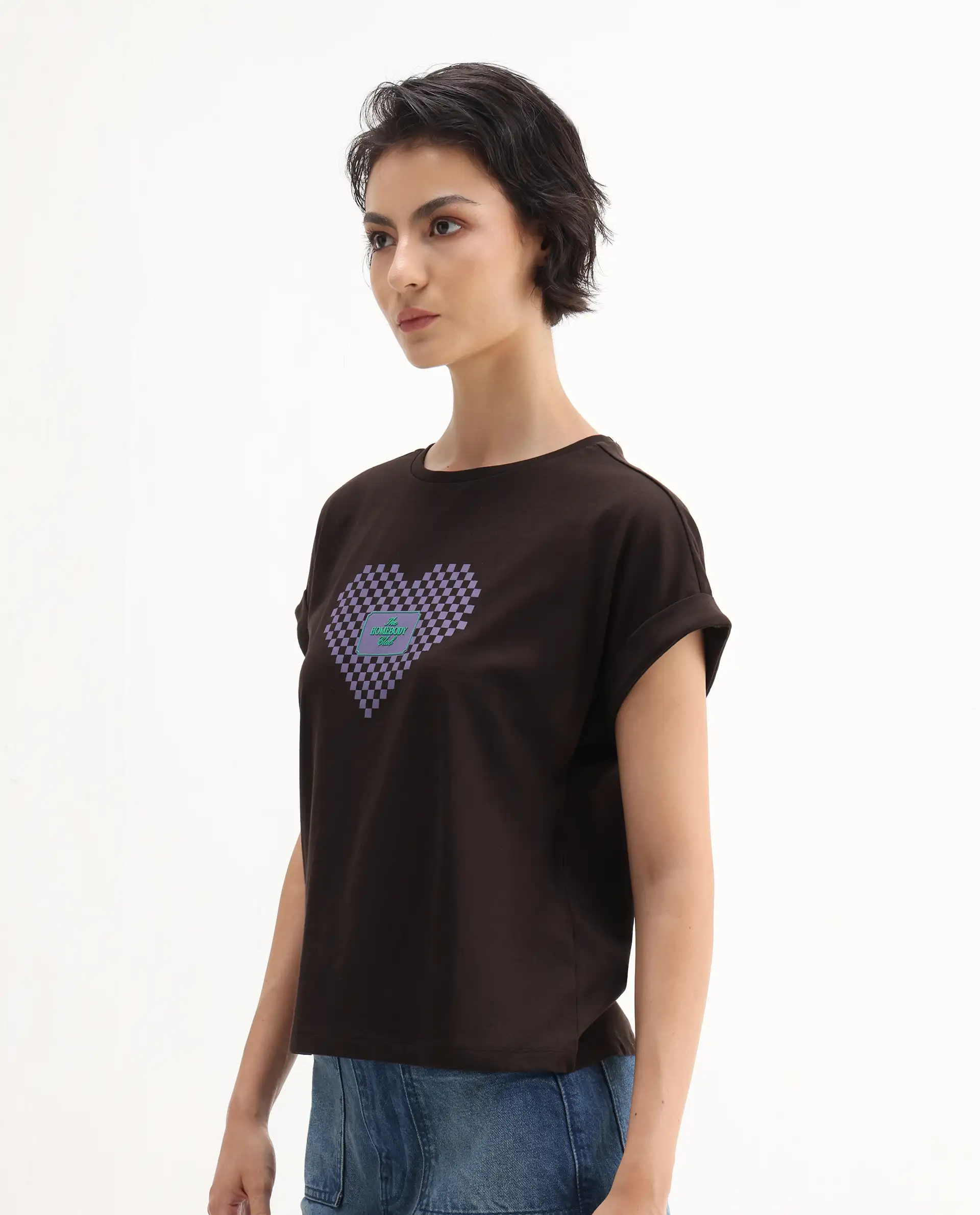 Rareism Women's Hamo Dark Brown Cotton Crew Neck Relaxed Fit T-Shirt - Image 6