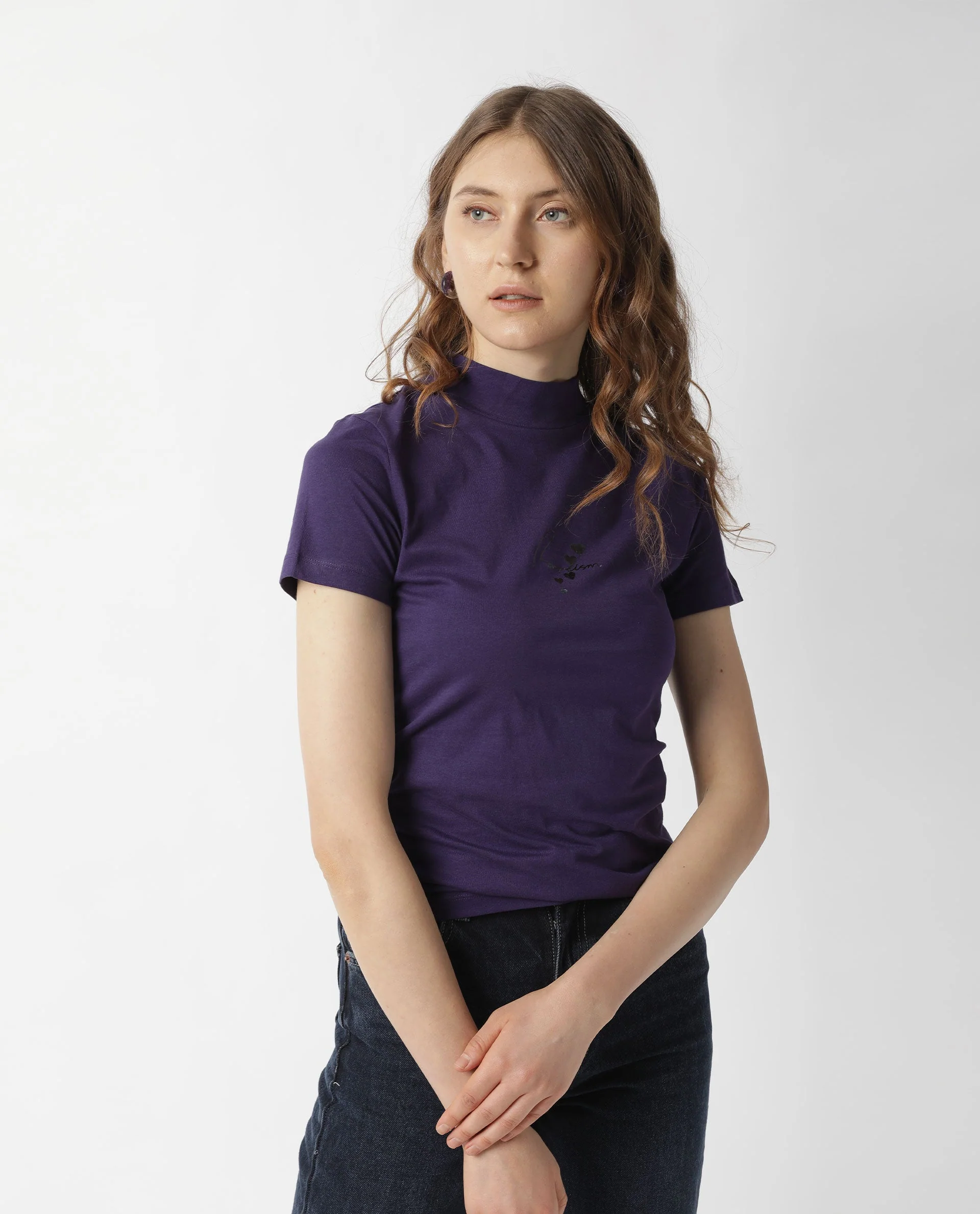 Rareism Women's Hamock Purple Cotton Crew Neck Plain Regular Fit T-Shirt - Image 5