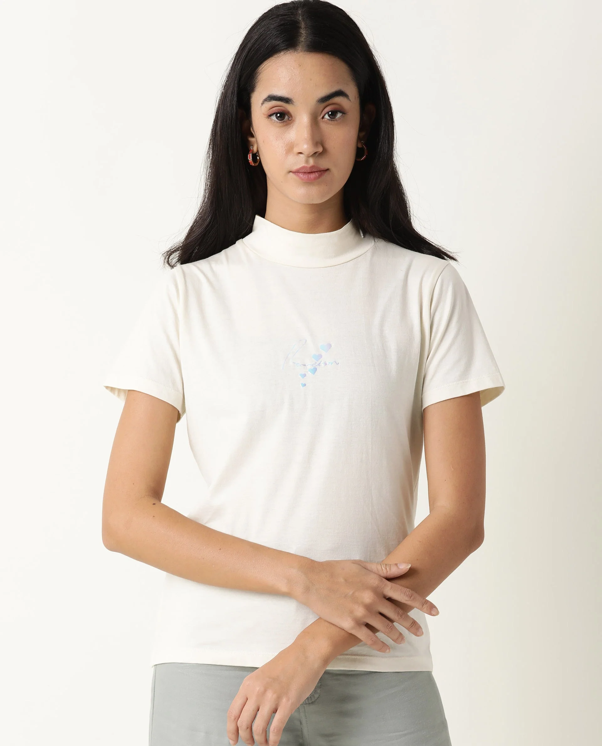 Rareism Women's Hamock Offwhite Cotton Crew Neck Plain Regular Fit T-Shirt