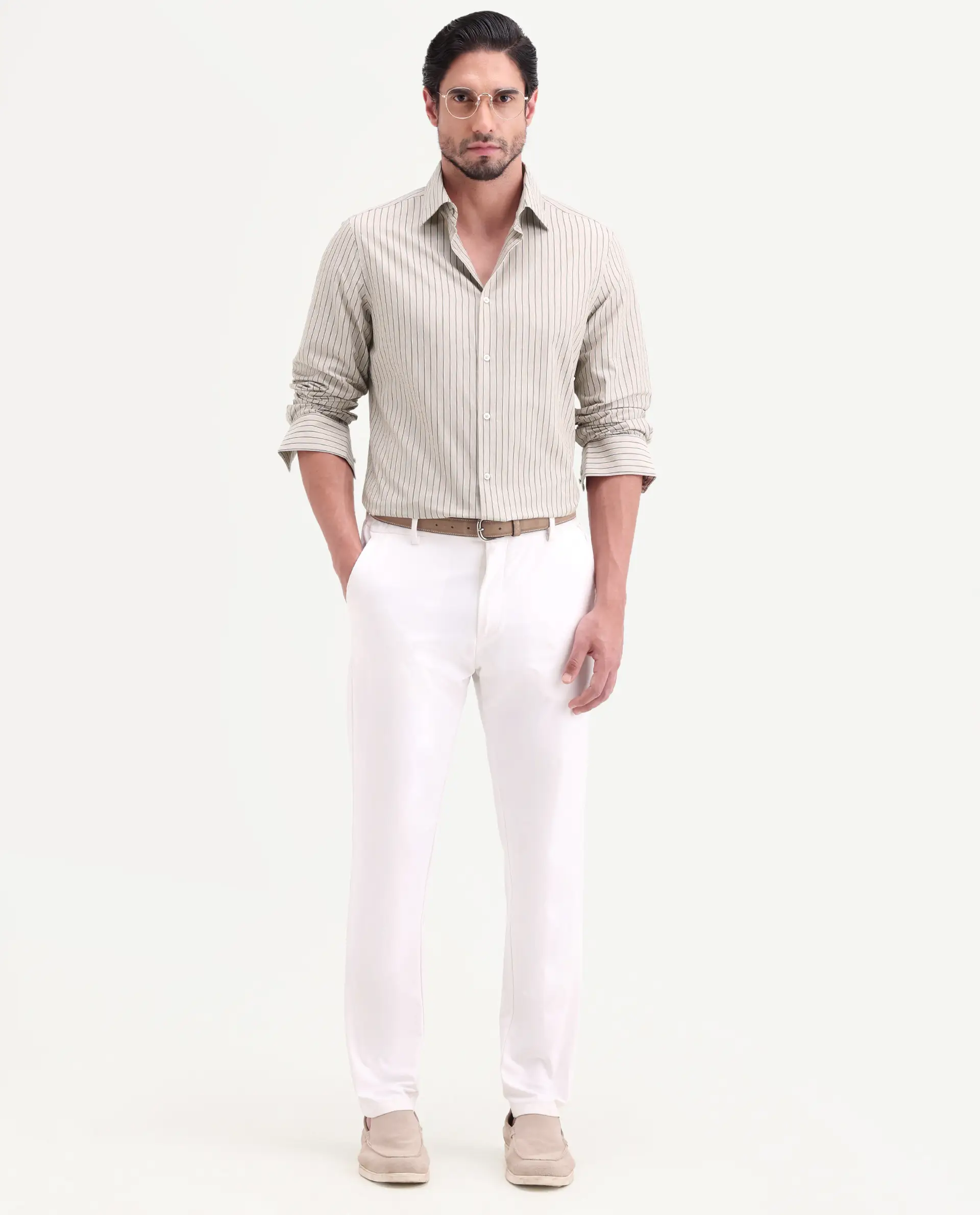 Rare Rabbit Men's Hamp Beige Cotton Fabric Full Sleeve Spread Collar Button Regular Striped Shirt - Image 2