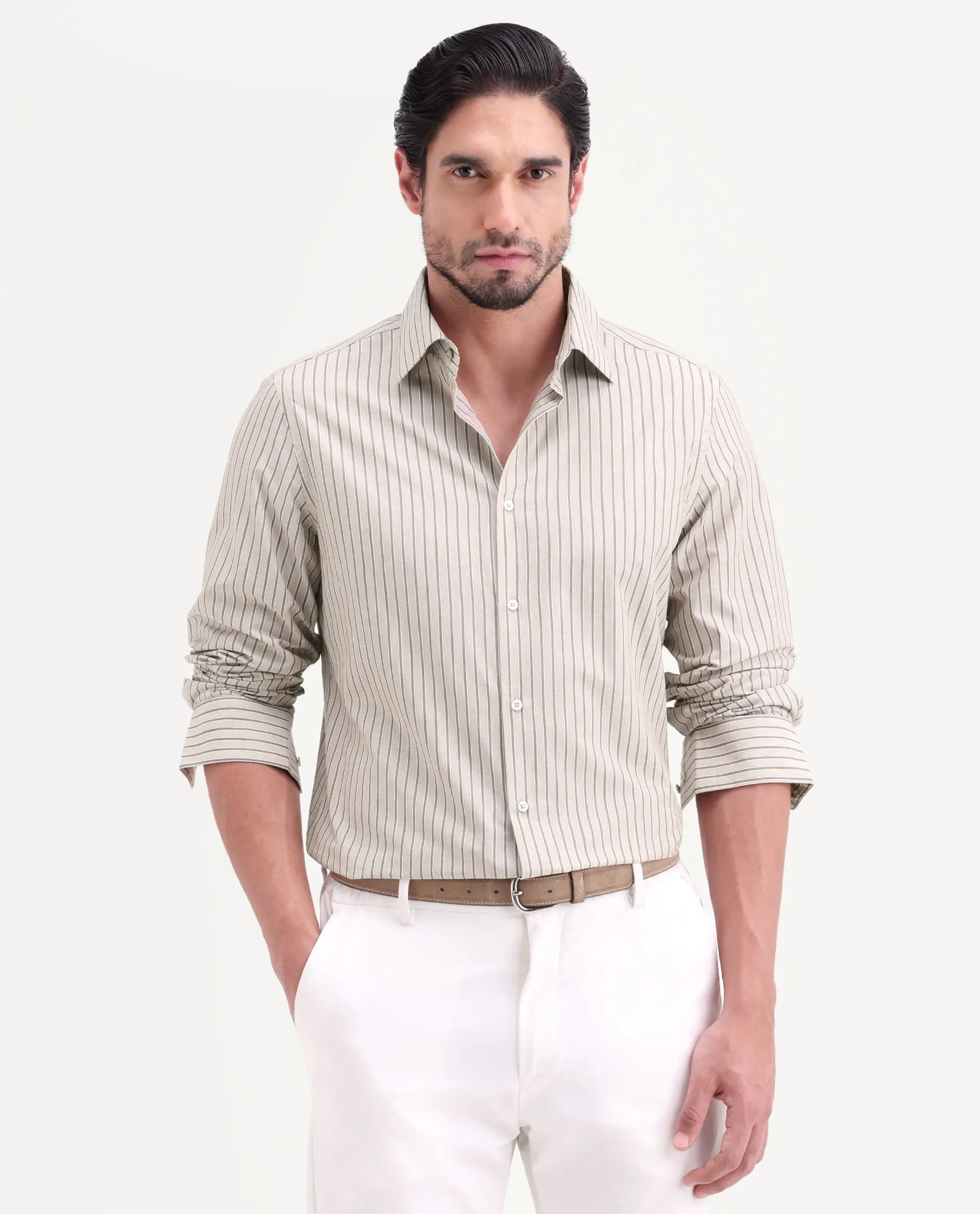 Rare Rabbit Men's Hamp Beige Cotton Fabric Full Sleeve Spread Collar Button Regular Striped Shirt - Image 4