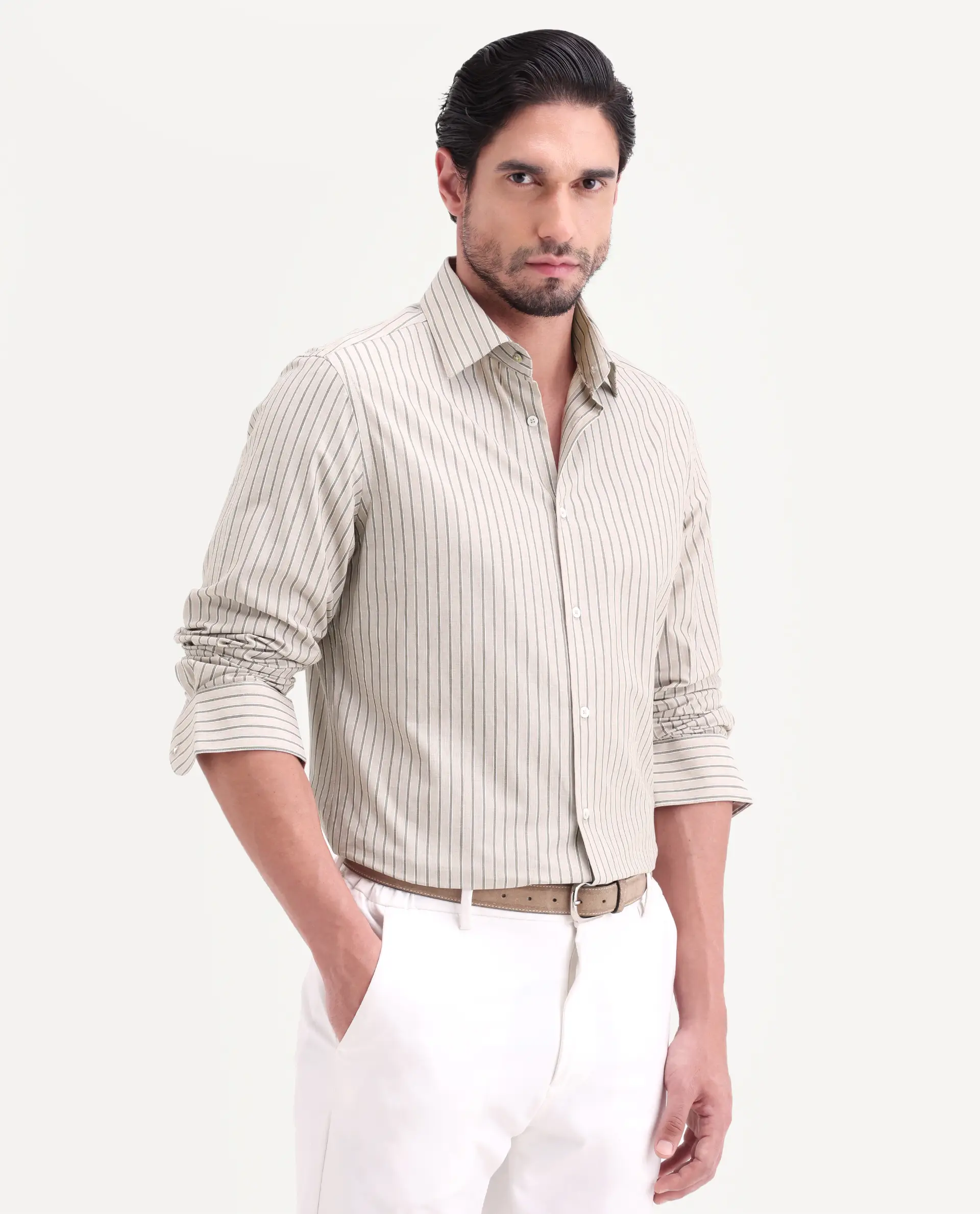 Rare Rabbit Men's Hamp Beige Cotton Fabric Full Sleeve Spread Collar Button Regular Striped Shirt - Image 5