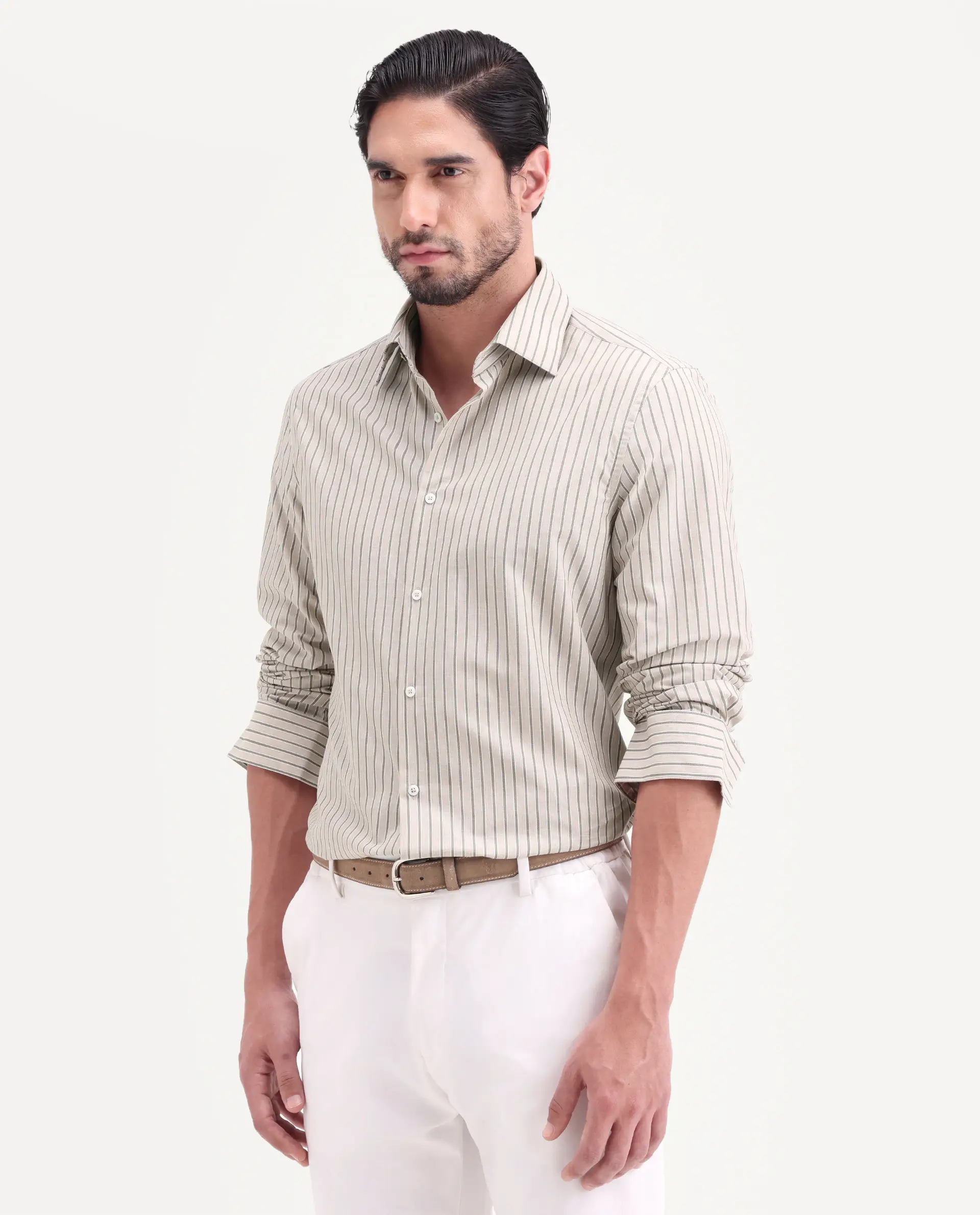 Rare Rabbit Men's Hamp Beige Cotton Fabric Full Sleeve Spread Collar Button Regular Striped Shirt - Image 6