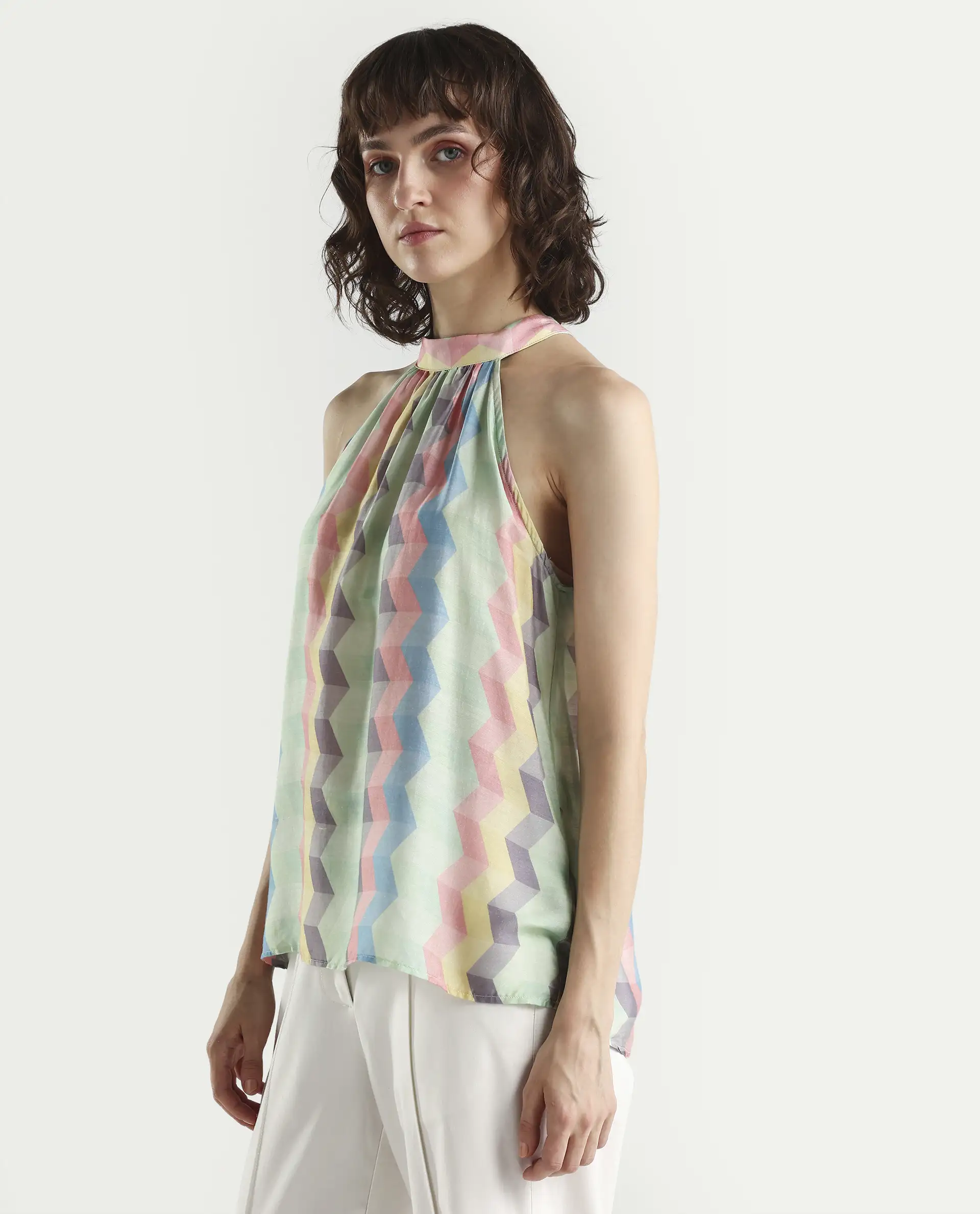 Rareism Women's Hamper Multi Halter Neck Geometric Print Sleeveless Knee Length Tailored Top - Image 3