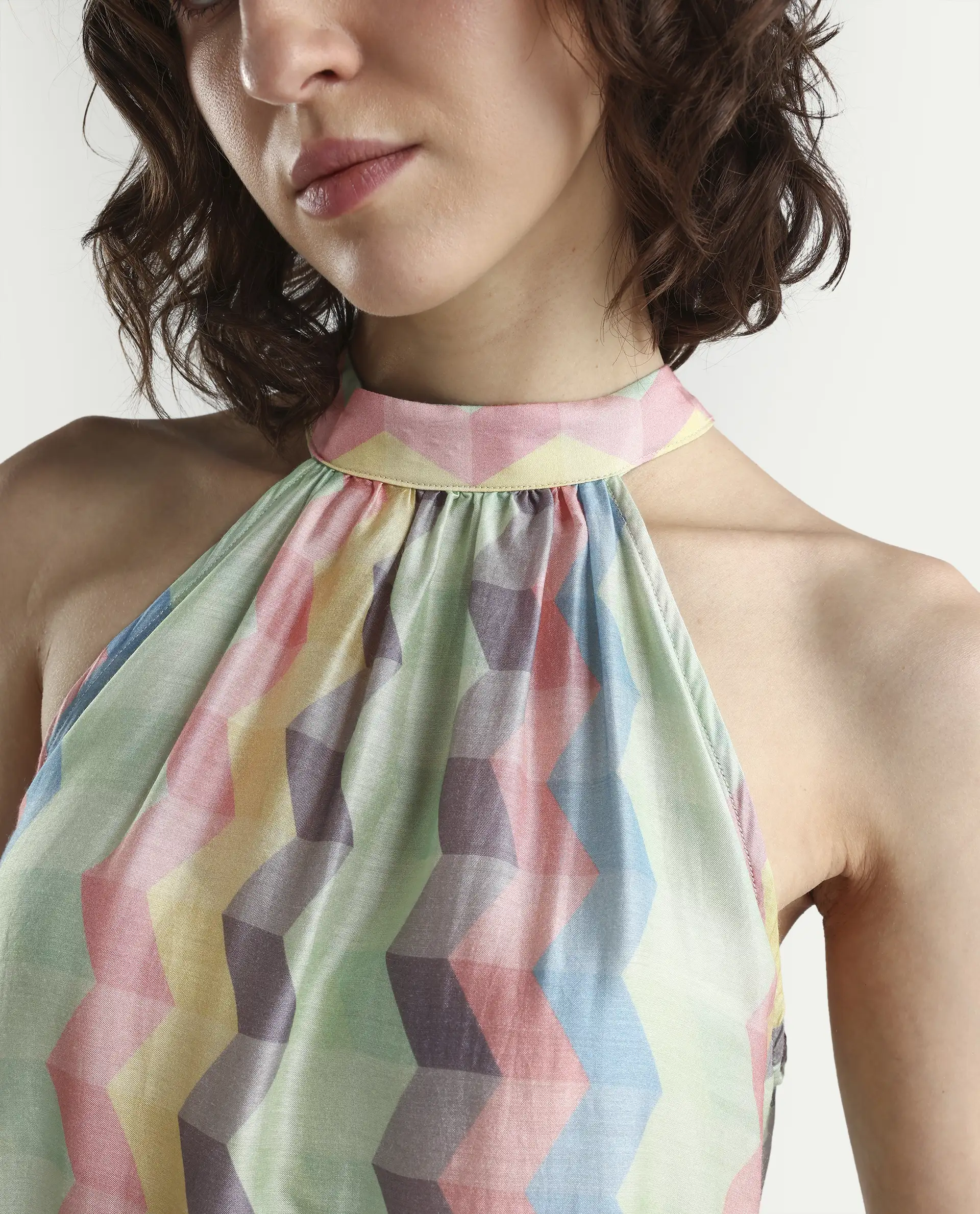 Rareism Women's Hamper Multi Halter Neck Geometric Print Sleeveless Knee Length Tailored Top - Image 4