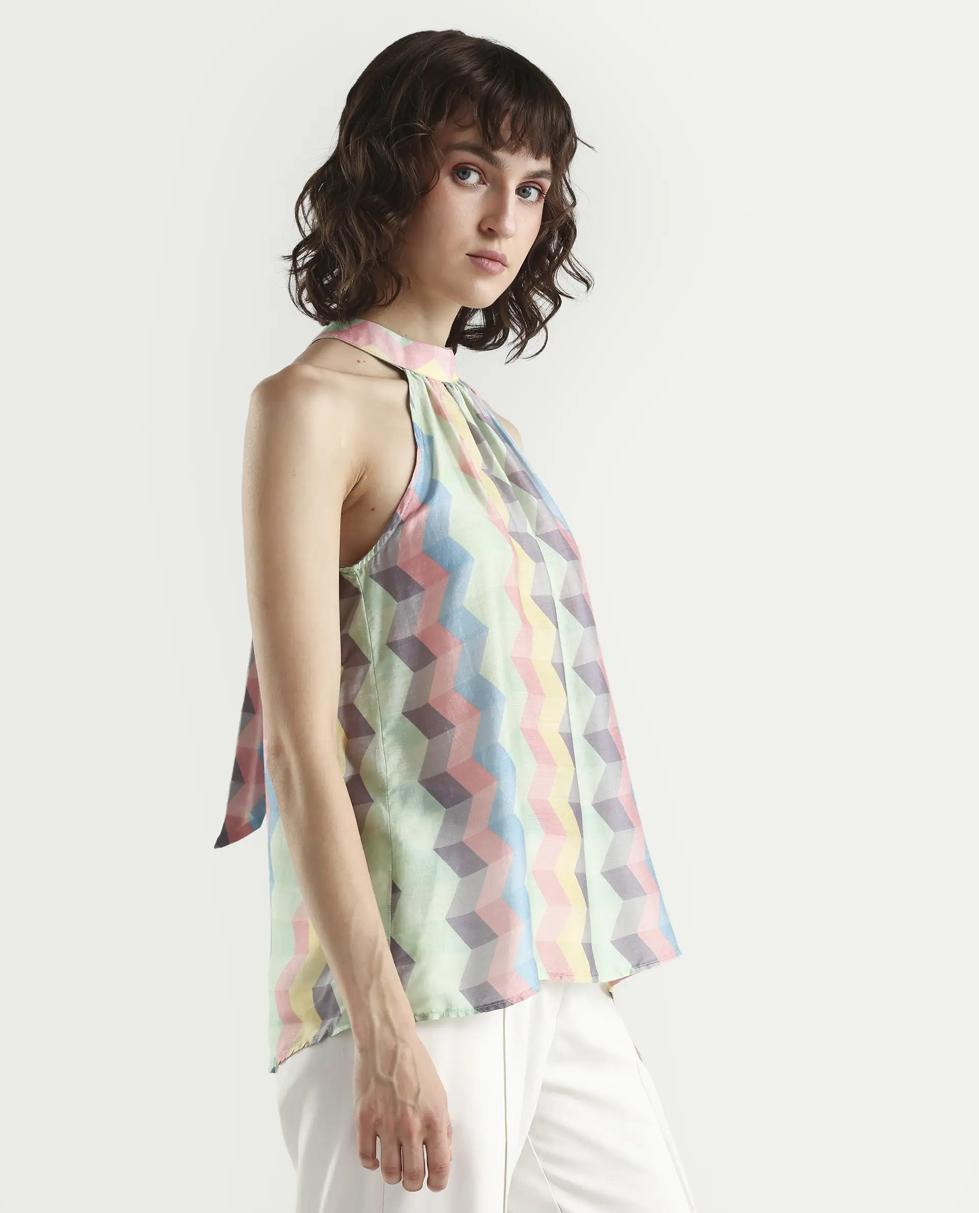 Rareism Women's Hamper Multi Halter Neck Geometric Print Sleeveless Knee Length Tailored Top - Image 5