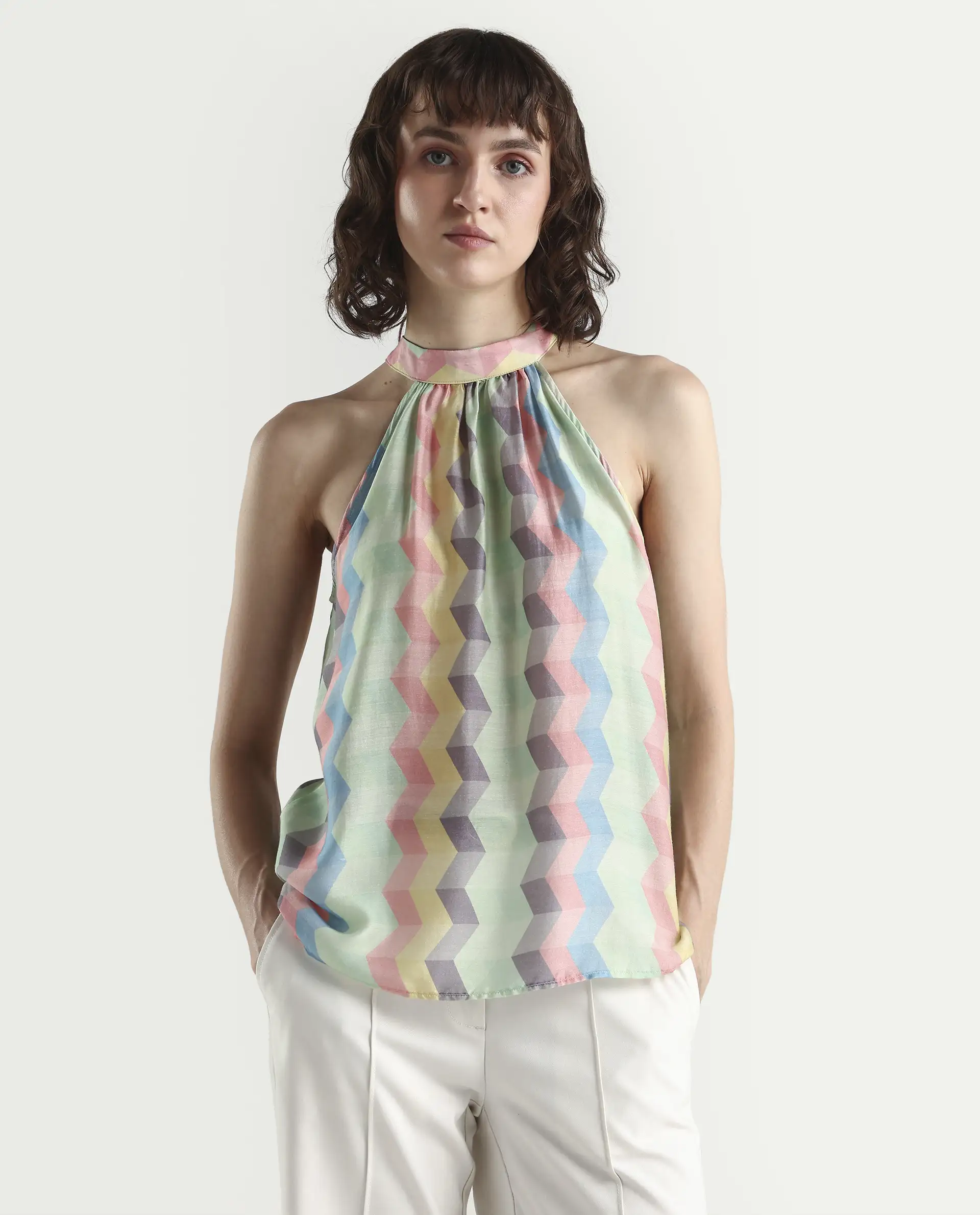 Rareism Women's Hamper Multi Halter Neck Geometric Print Sleeveless Knee Length Tailored Top - Image 6