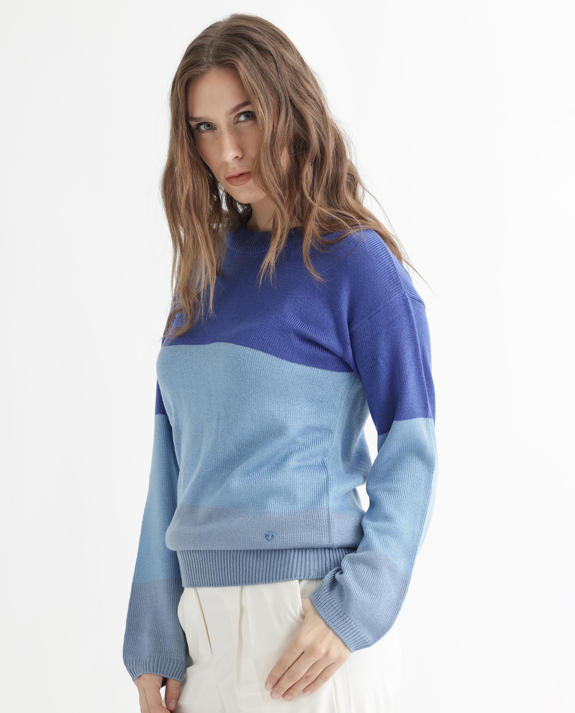 Rareism Women's Hampshire Blue Acrylic Crew Neck Color Block Relaxed Fit Sweater - Image 11