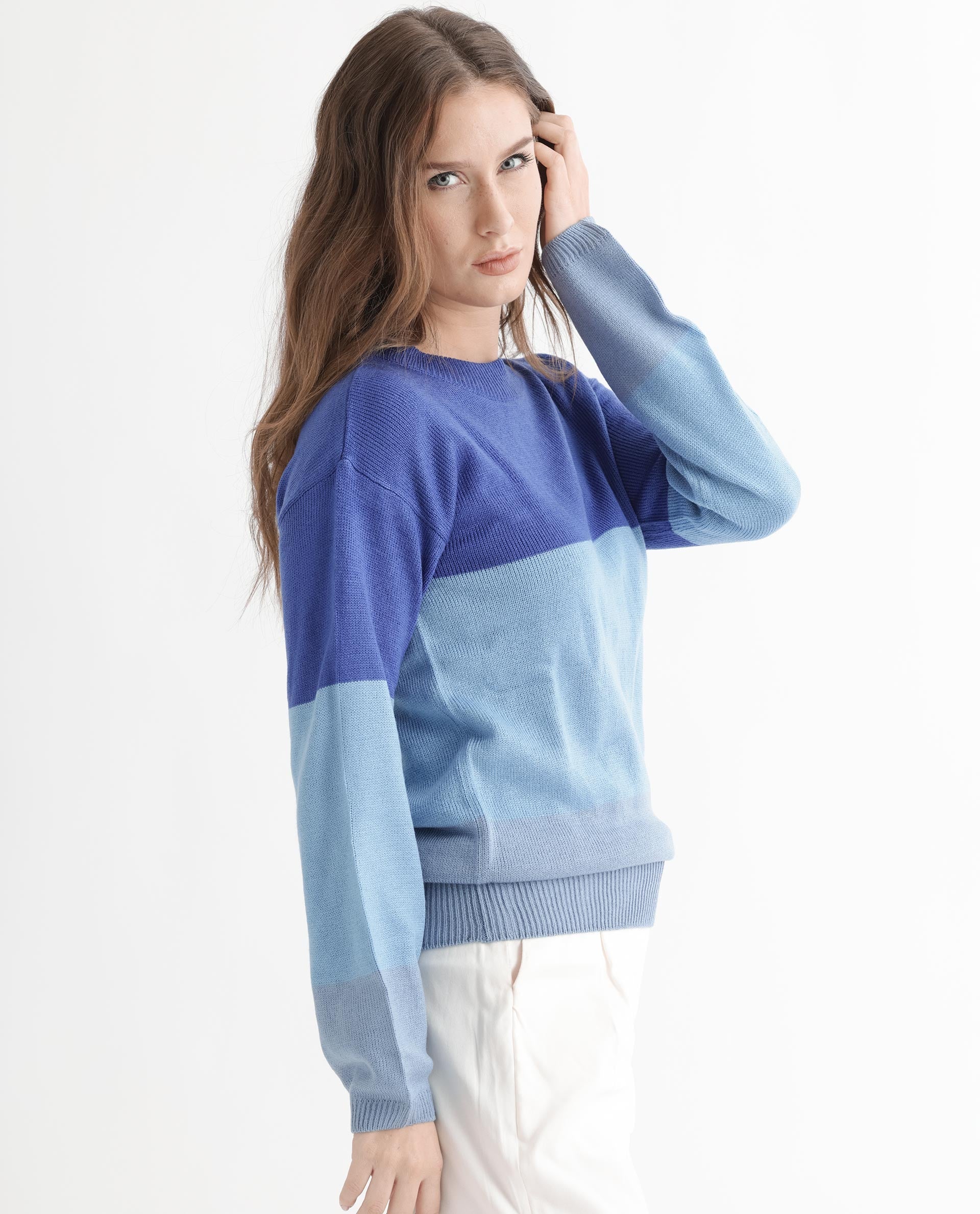 Rareism Women's Hampshire Blue Acrylic Crew Neck Color Block Relaxed Fit Sweater - Image 12