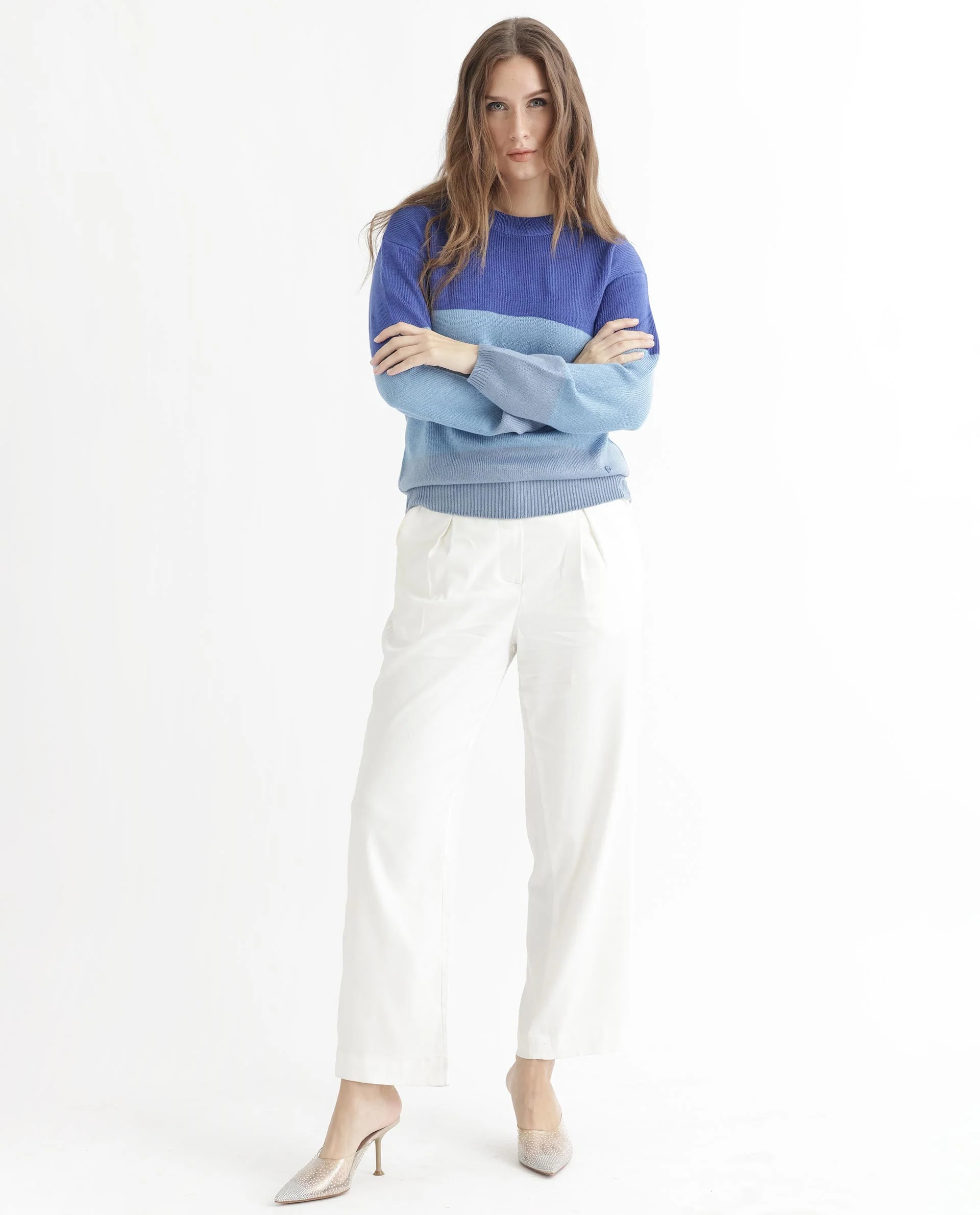 Rareism Women's Hampshire Blue Acrylic Crew Neck Color Block Relaxed Fit Sweater - Image 2