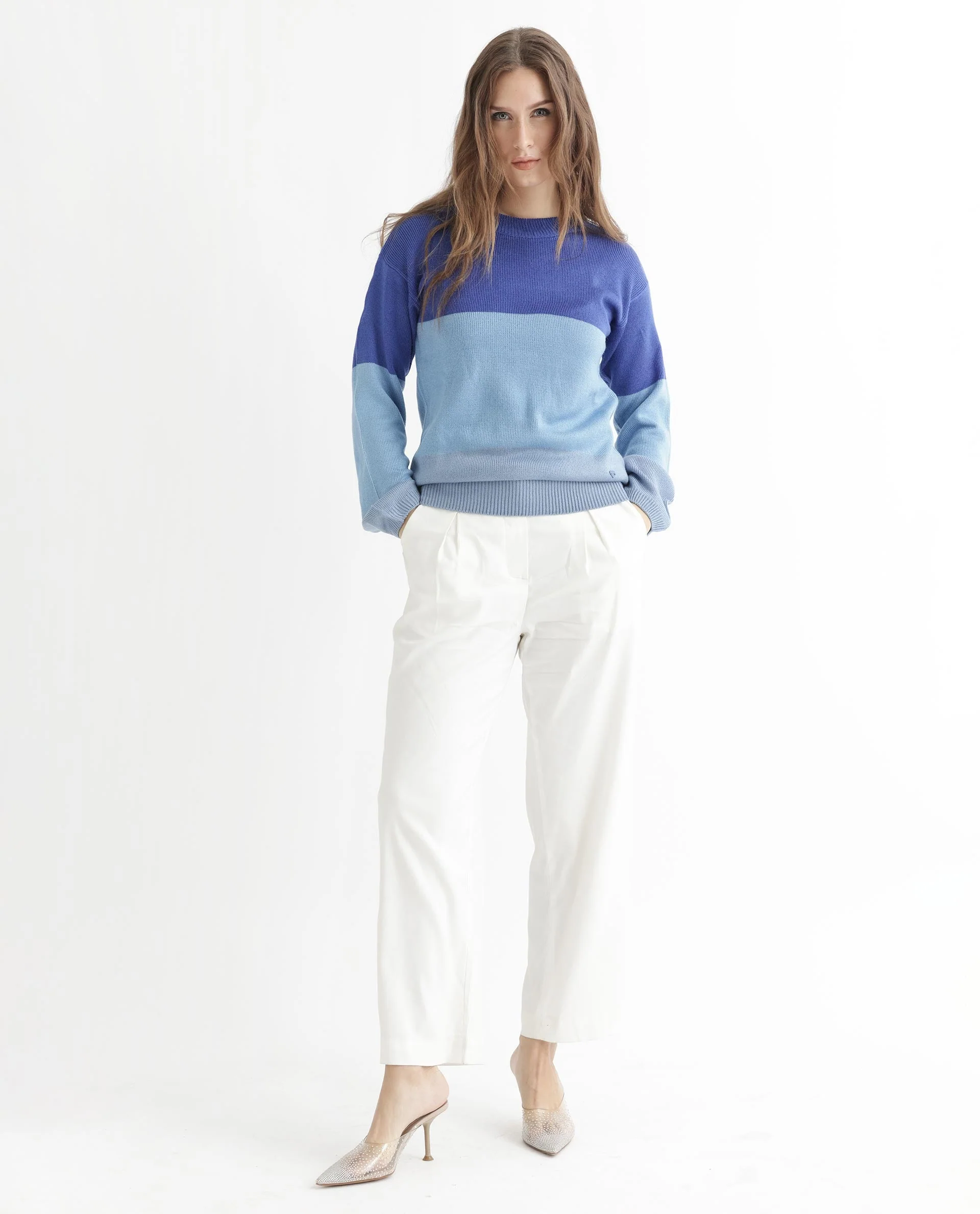 Rareism Women's Hampshire Blue Acrylic Crew Neck Color Block Relaxed Fit Sweater - Image 3