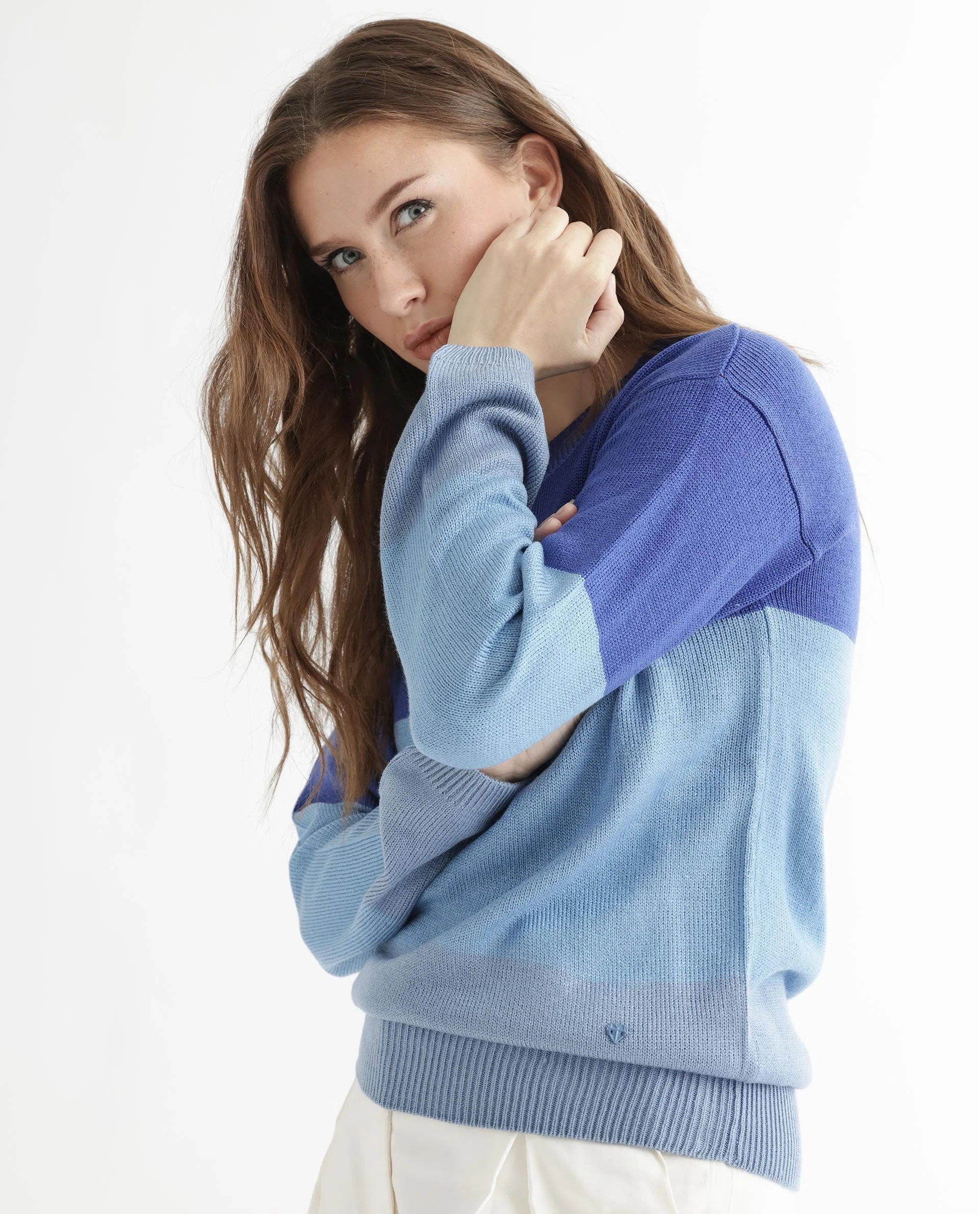 Rareism Women's Hampshire Blue Acrylic Crew Neck Color Block Relaxed Fit Sweater - Image 5