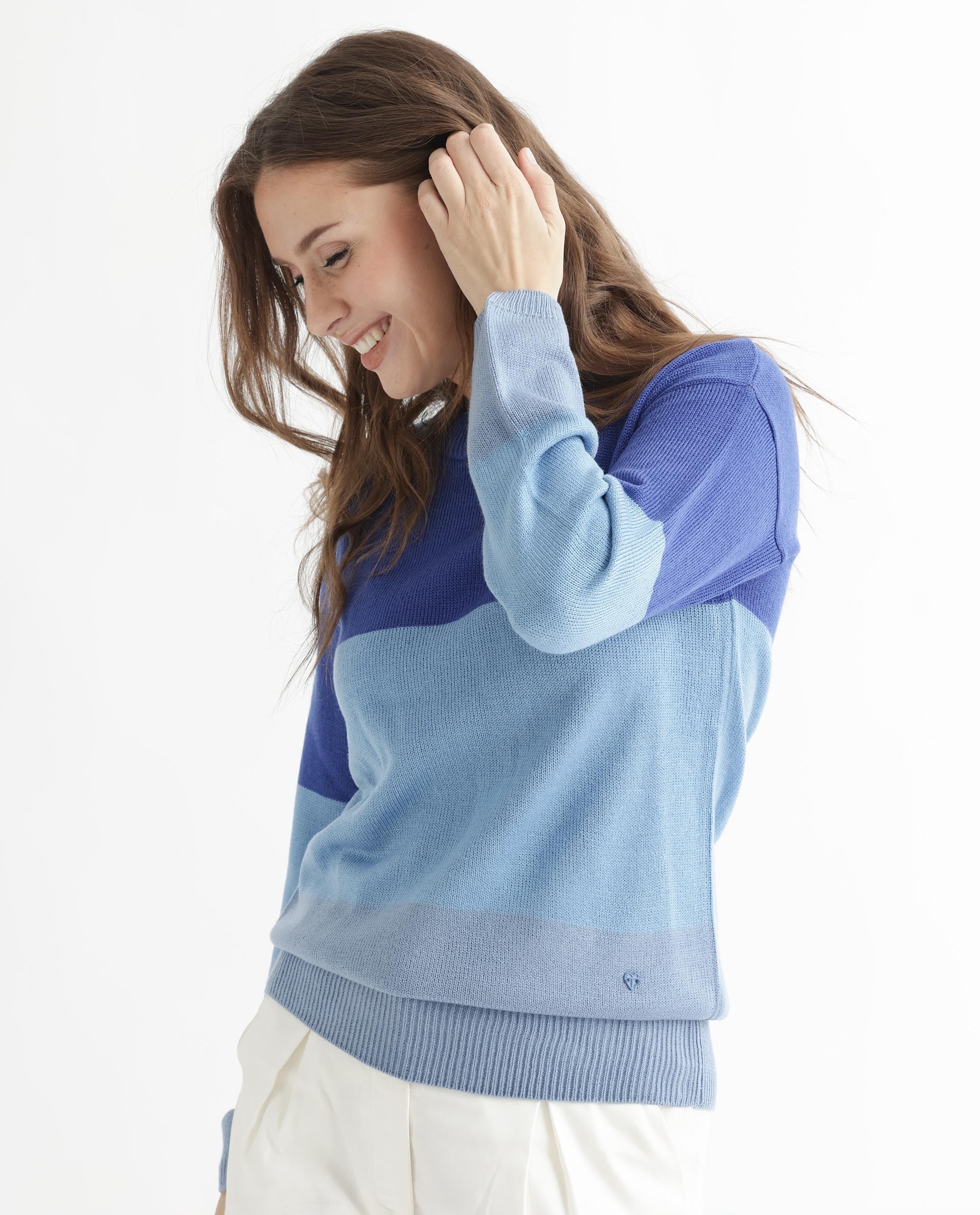 Rareism Women's Hampshire Blue Acrylic Crew Neck Color Block Relaxed Fit Sweater - Image 6