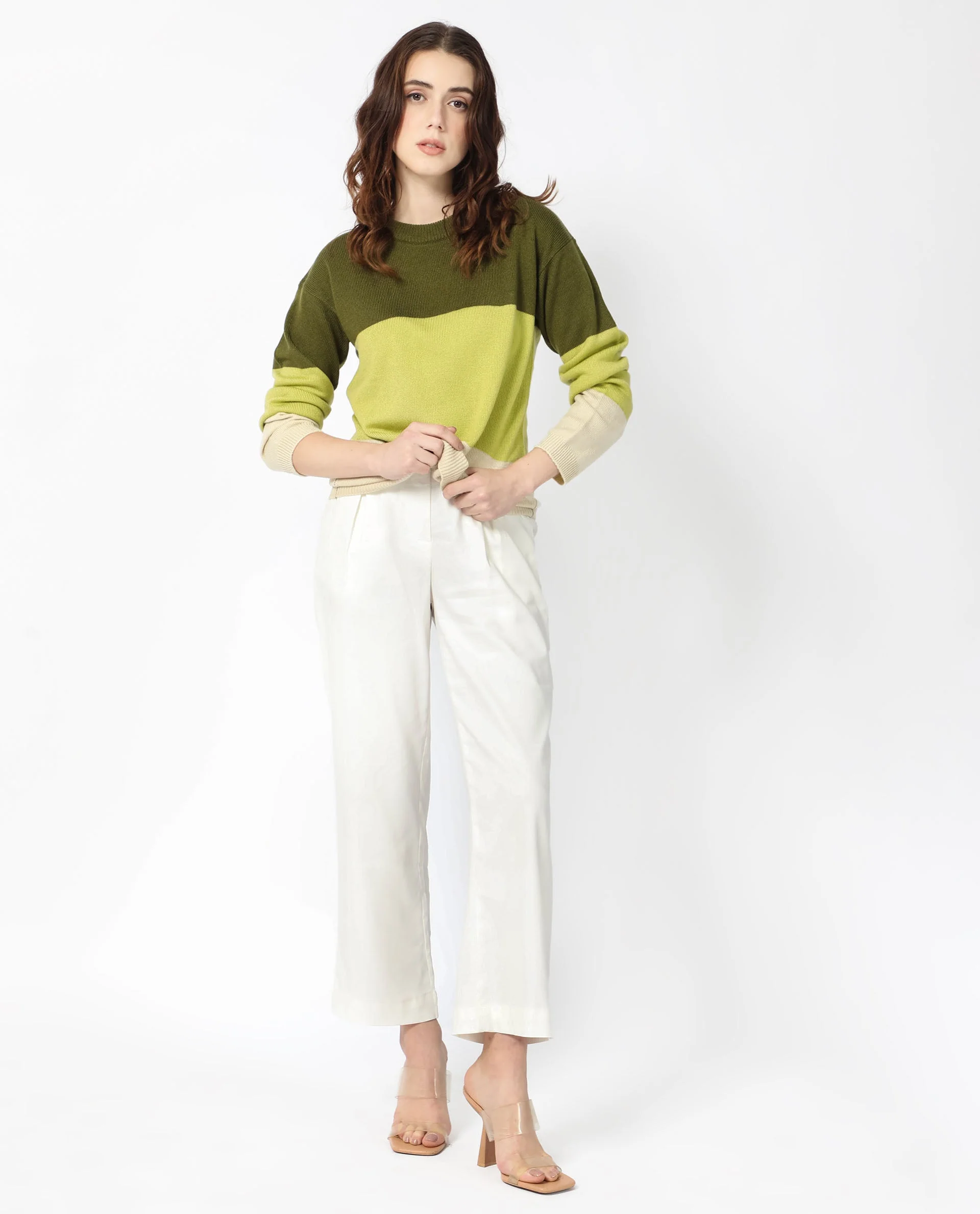Rareism Women's Hampshire Olive Acrylic Crew Neck Color Block Relaxed Fit Sweater
