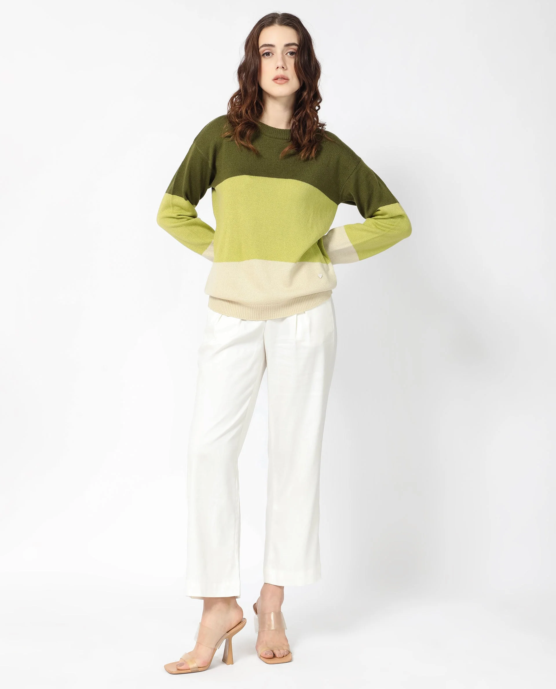 Rareism Women's Hampshire Olive Acrylic Crew Neck Color Block Relaxed Fit Sweater - Image 2