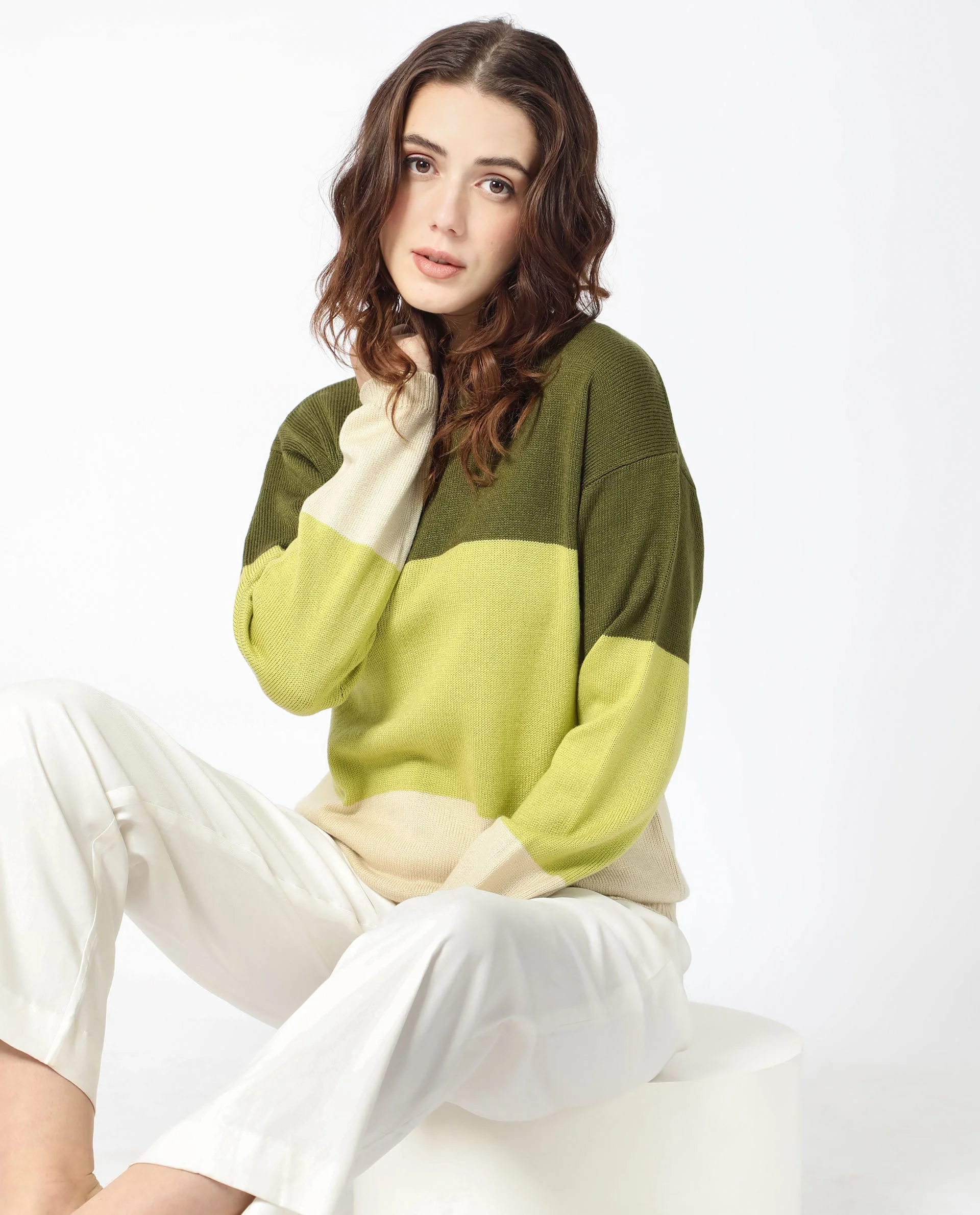 Rareism Women's Hampshire Olive Acrylic Crew Neck Color Block Relaxed Fit Sweater - Image 3