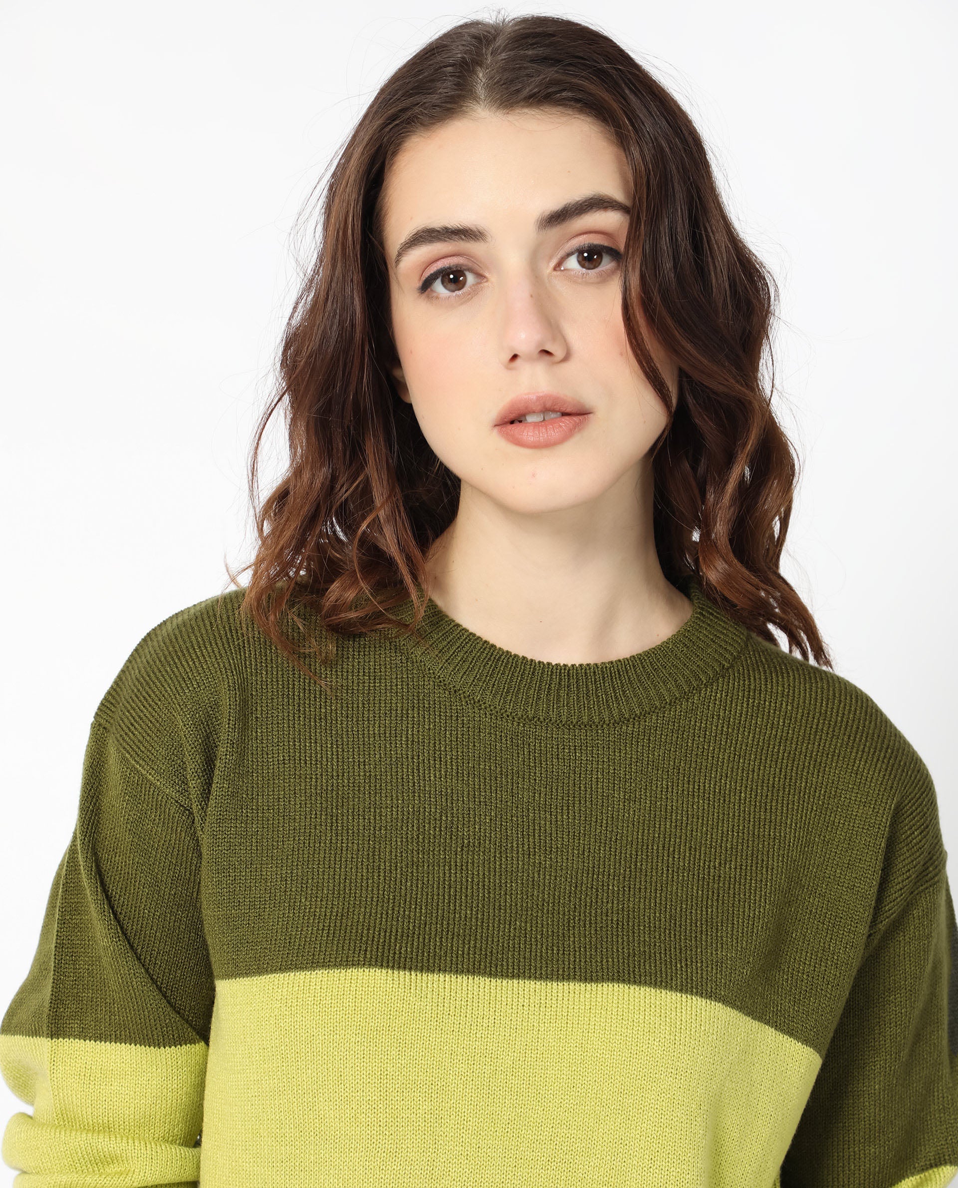 Rareism Women's Hampshire Olive Acrylic Crew Neck Color Block Relaxed Fit Sweater - Image 5